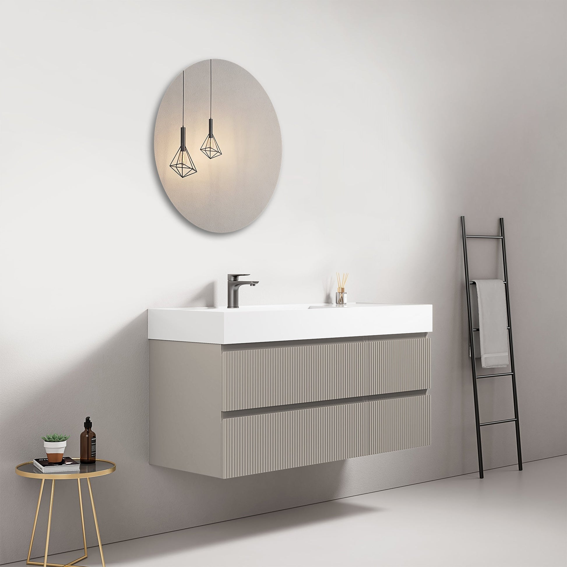 Mobile bagno sospeso cannettato 120 cm Grigio Cenere Lavabo a Sinistra in Resina Specchio Tondo - Fiji Paint