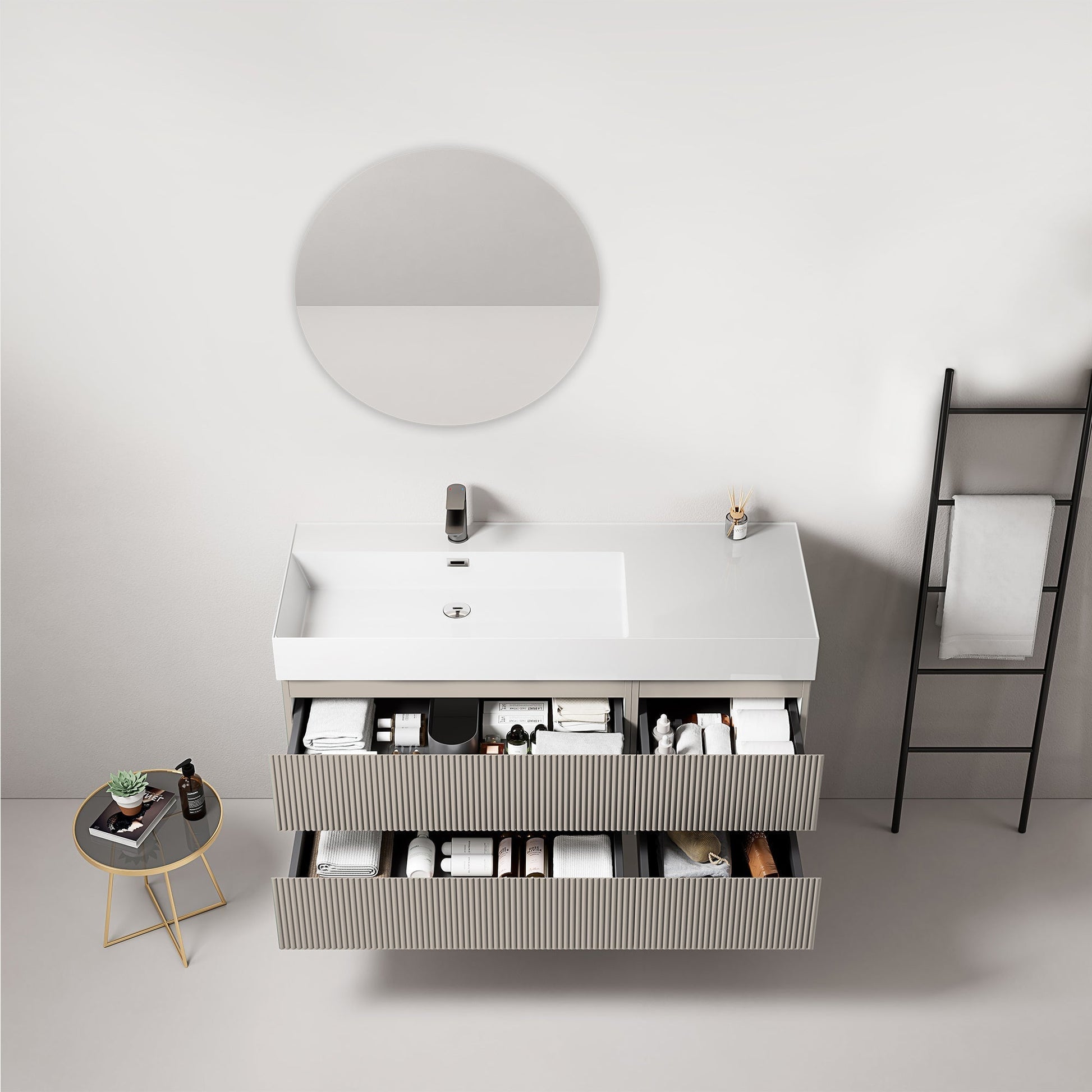 Mobile bagno sospeso cannettato 120 cm Grigio Cenere Lavabo a Sinistra in Resina Specchio Tondo - Fiji Paint.