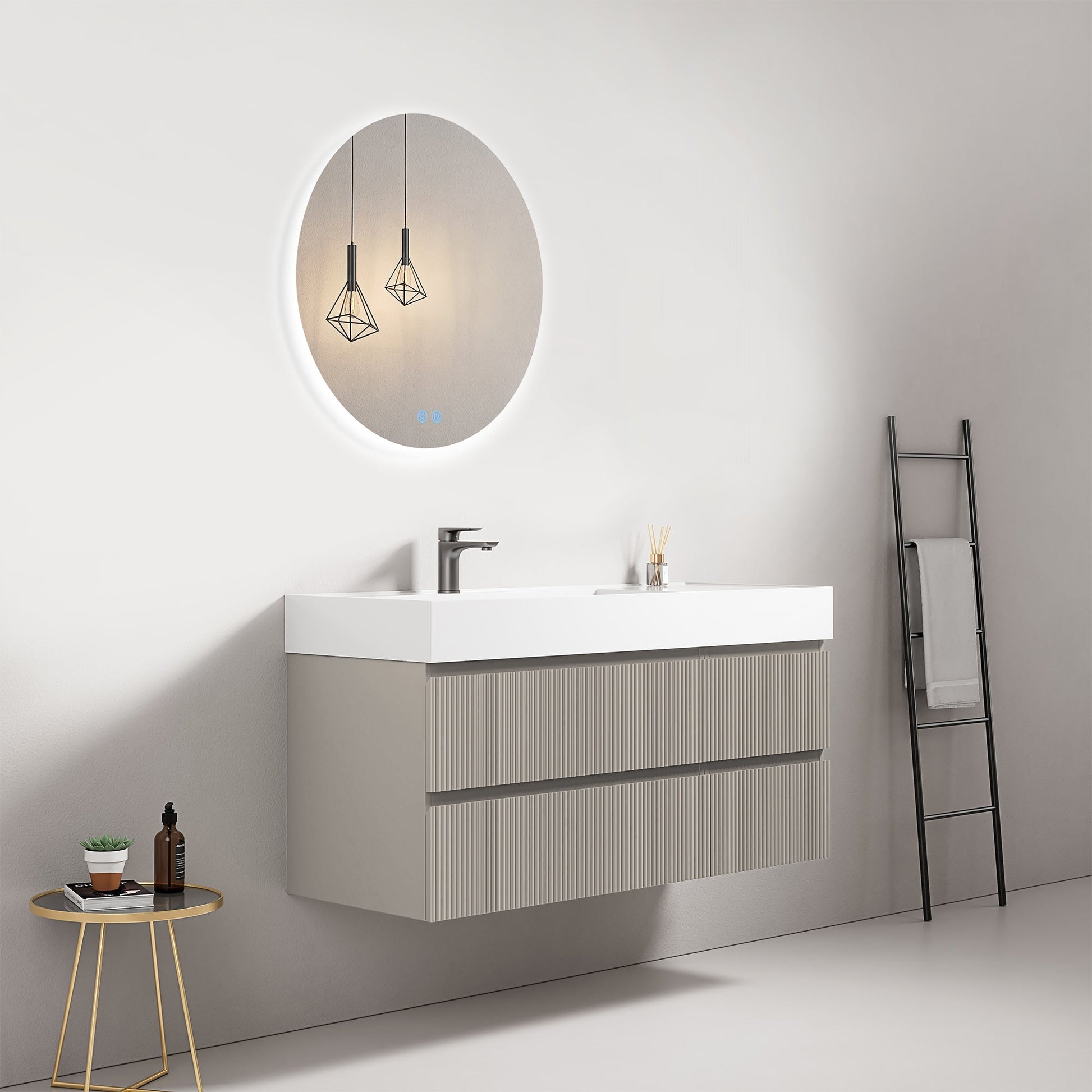 Mobile bagno sospeso cannettato 120 cm Grigio Cenere Lavabo a Sinistra in Resina Specchio Tondo Retroilluminato - Fiji Paint.