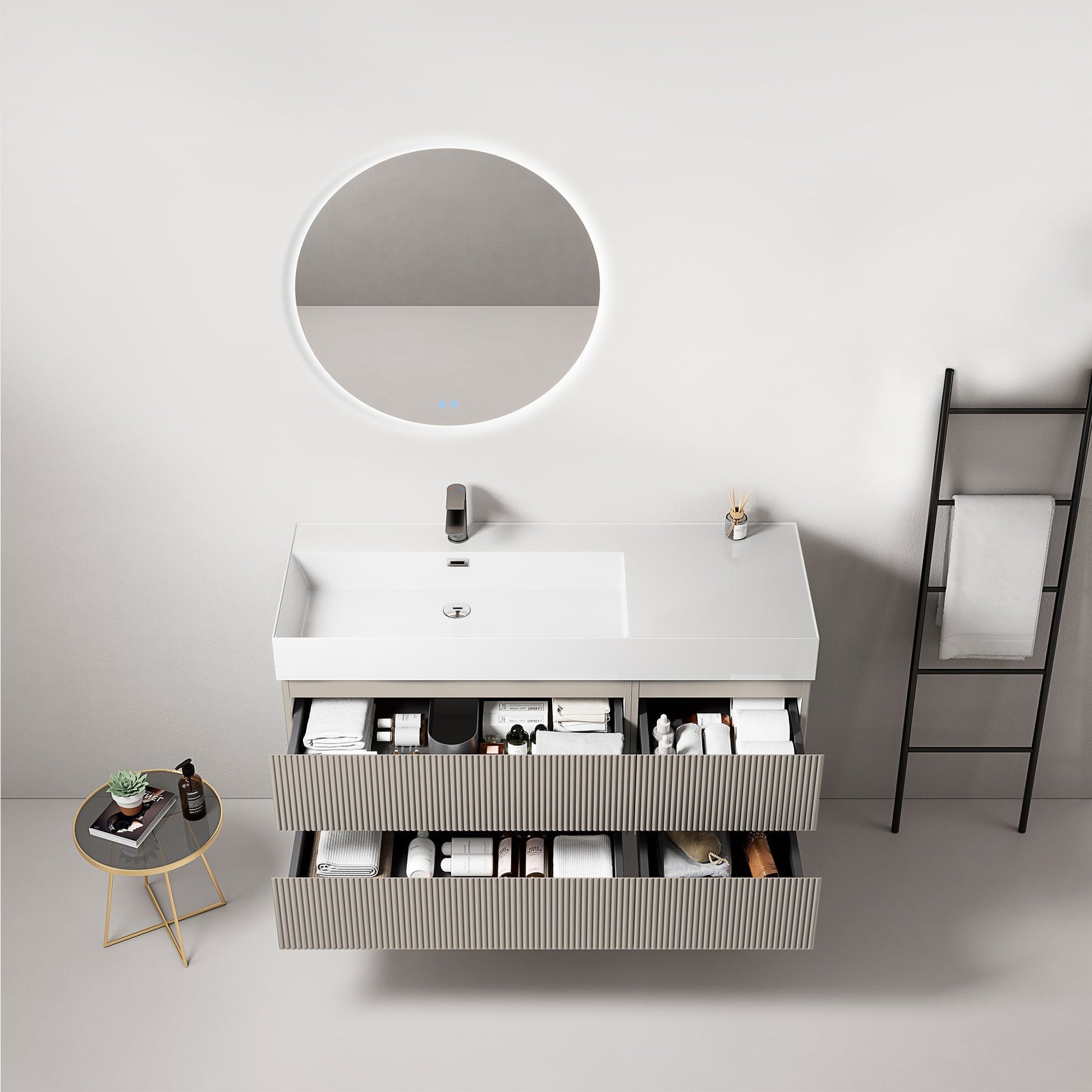 Mobile bagno sospeso cannettato 120 cm Grigio Cenere Lavabo a Sinistra in Resina Specchio Tondo Retroilluminato - Fiji Paint.