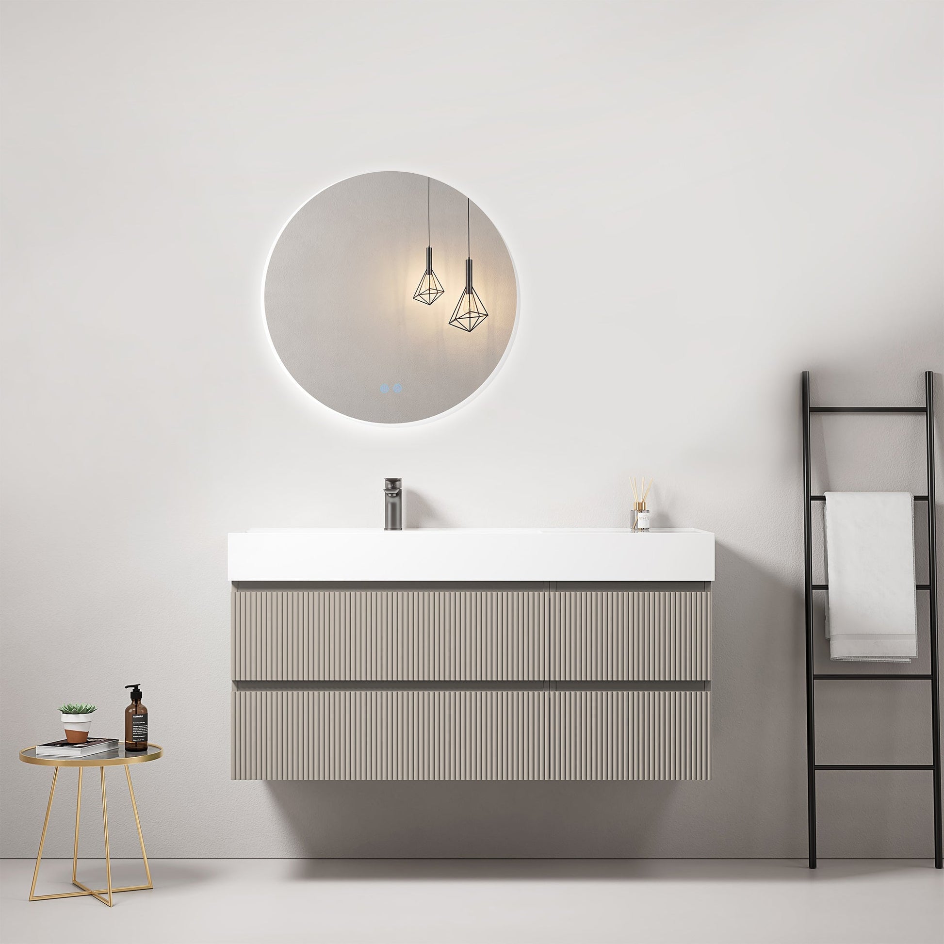 Mobile bagno sospeso cannettato 120 cm Grigio Cenere Lavabo a Sinistra in Resina Specchio Tondo Retroilluminato - Fiji Paint