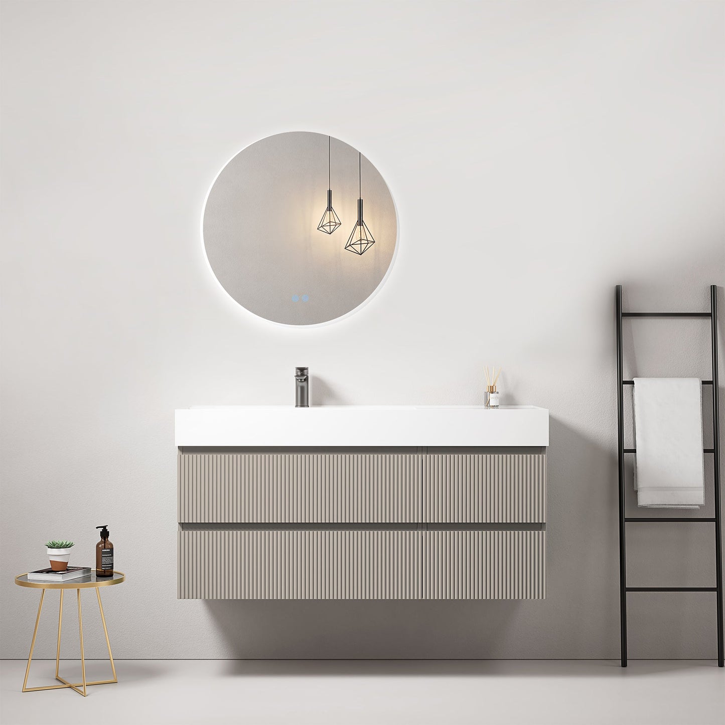 Mobile bagno sospeso cannettato 120 cm Grigio Cenere Lavabo a Sinistra in Resina Specchio Tondo Retroilluminato - Fiji Paint