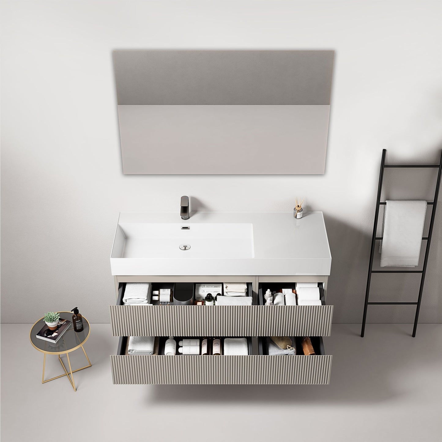 Mobile bagno sospeso cannettato 120 cm Grigio Cenere Lavabo a Sinistra in Resina Specchio Quadro - Fiji Paint
