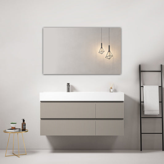 Mobile bagno sospeso cannettato 120 cm Grigio Cenere Lavabo a Sinistra in Resina Specchio Quadro - Fiji Paint