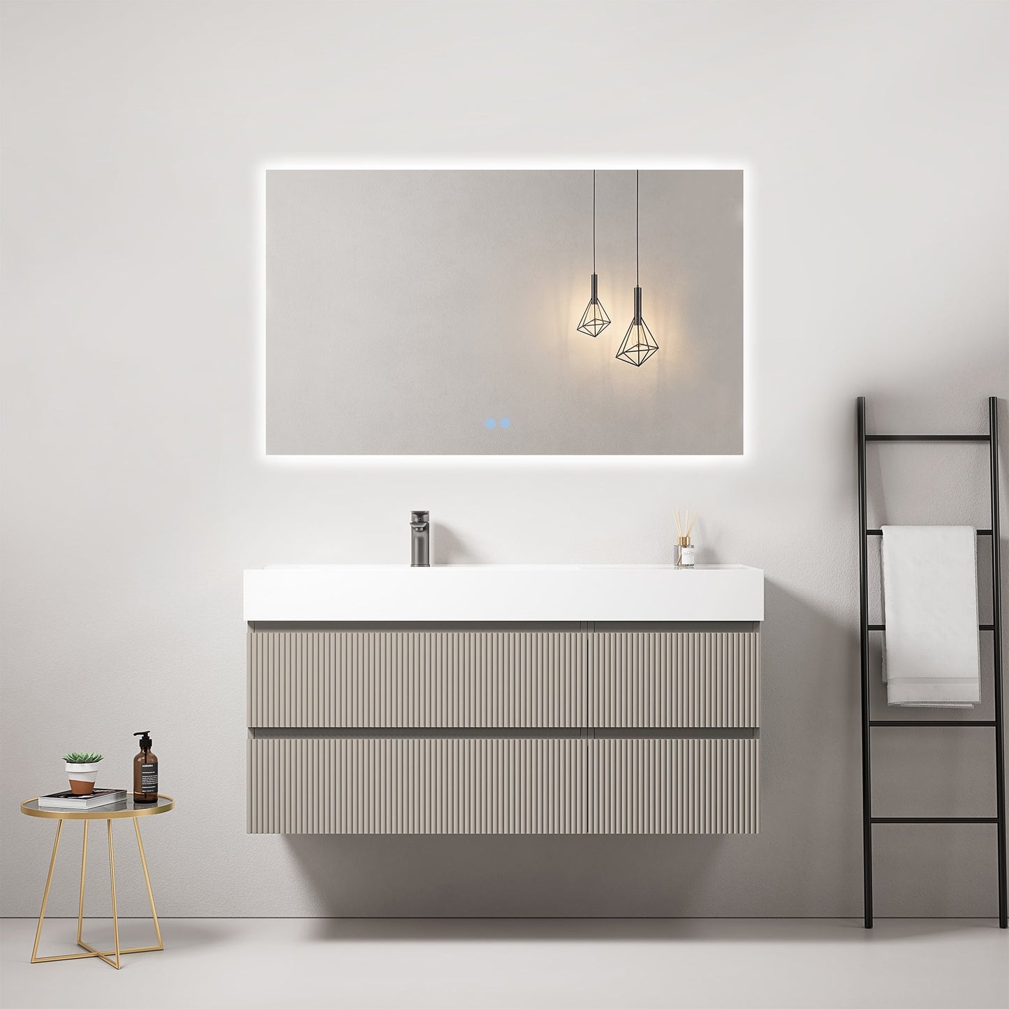 Mobile bagno sospeso cannettato 120 cm Grigio Cenere Lavabo a Sinistra in Resina Specchio Quadro Retroilluminato - Fiji Paint