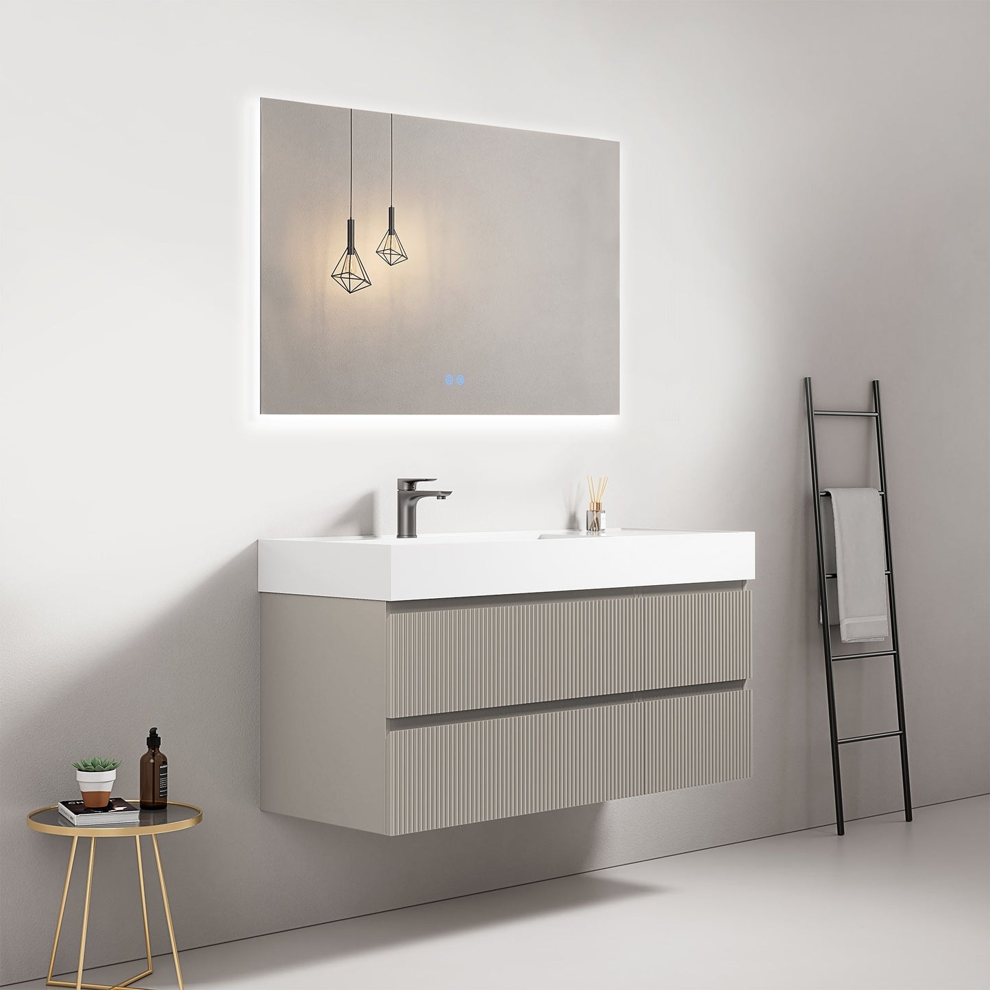 Mobile bagno sospeso cannettato 120 cm Grigio Cenere Lavabo a Sinistra in Resina Specchio Quadro Retroilluminato - Fiji Paint