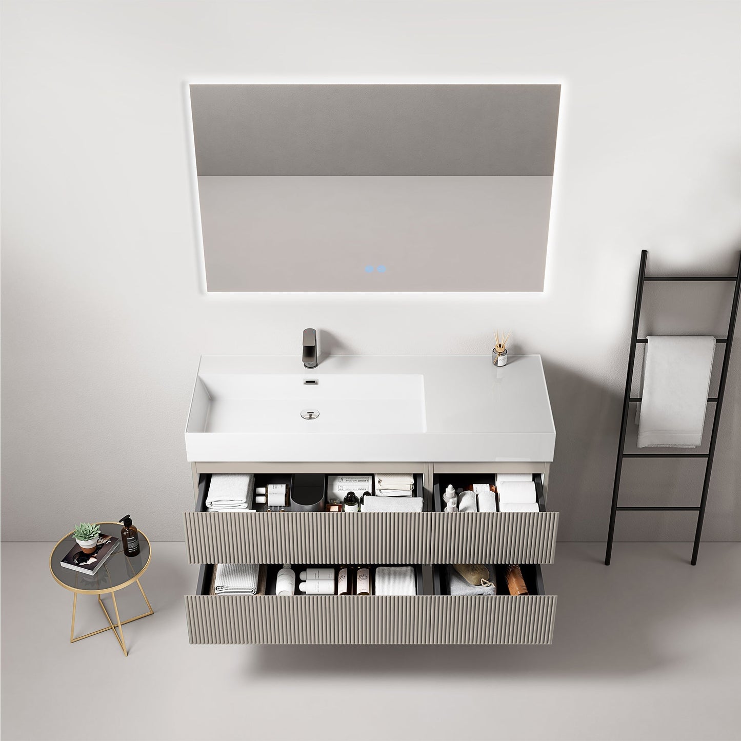 Mobile bagno sospeso cannettato 120 cm Grigio Cenere Lavabo a Sinistra in Resina Specchio Quadro Retroilluminato - Fiji Paint