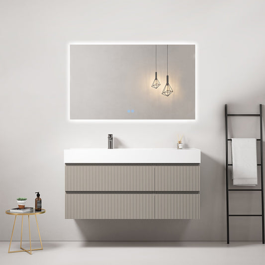 Mobile bagno sospeso cannettato 120 cm Grigio Cenere Lavabo a Sinistra in Resina Specchio Quadro Retroilluminato - Fiji Paint