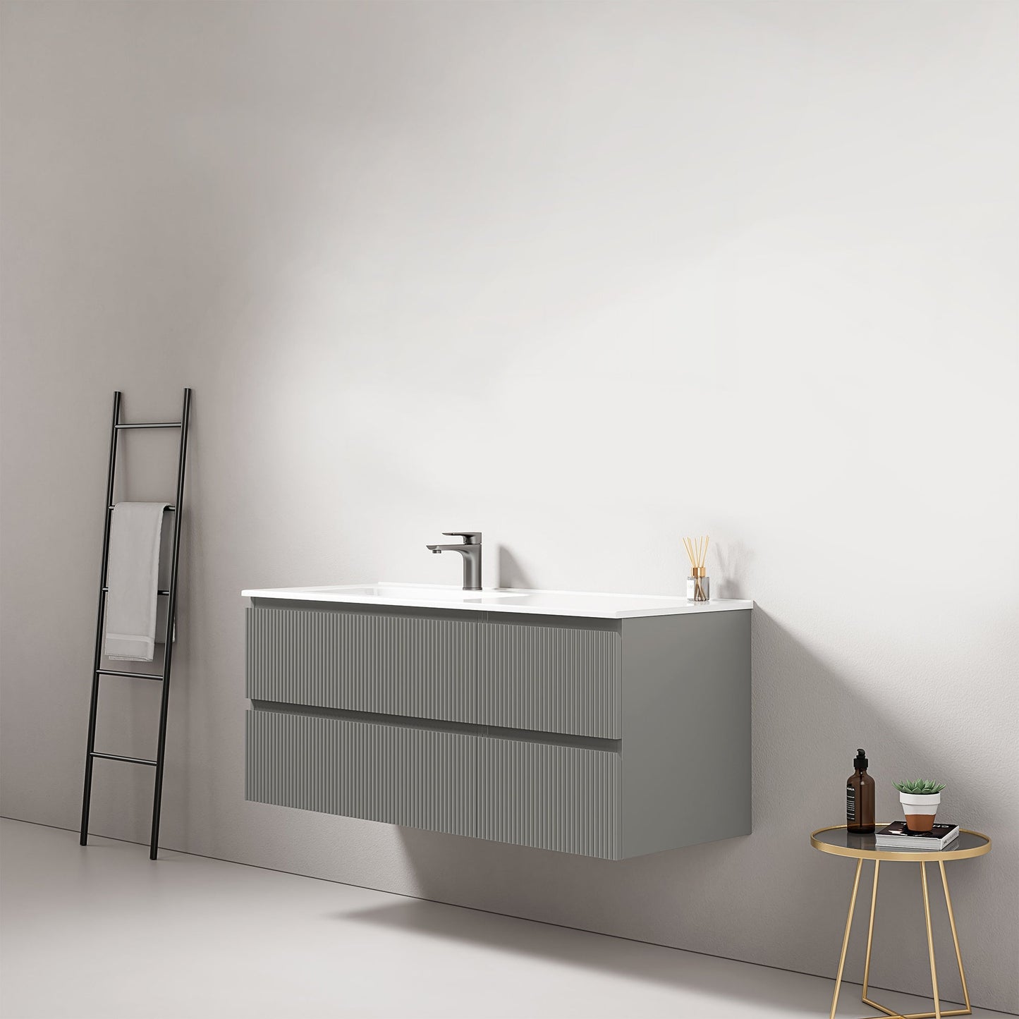 Mobile bagno sospeso cannettato 120 cm Grigio Londra Lavabo a Sinistra in Ceramica Senza Specchio - Fiji Paint