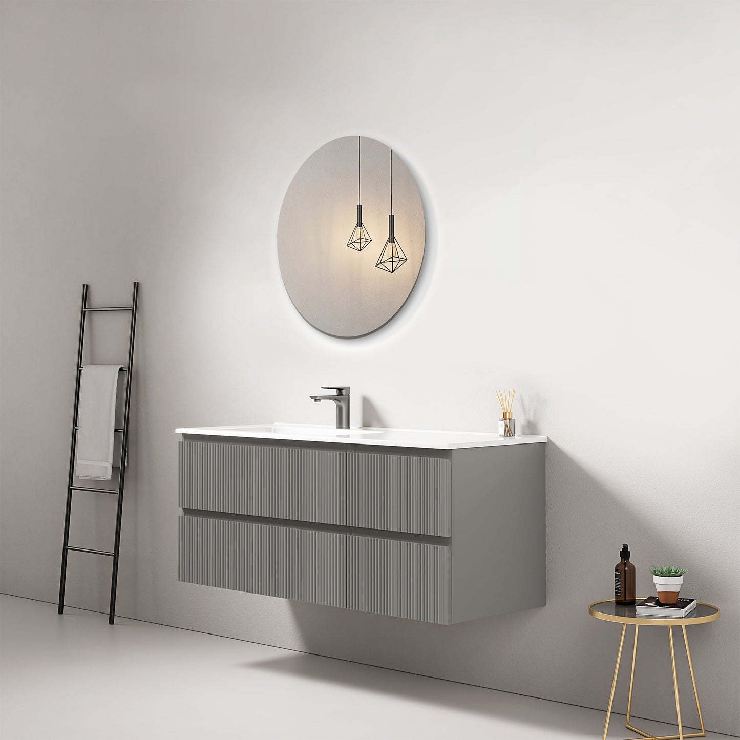 Mobile bagno sospeso cannettato 120 cm Grigio Londra Lavabo a Sinistra in Ceramica Specchio Tondo - Fiji Paint.