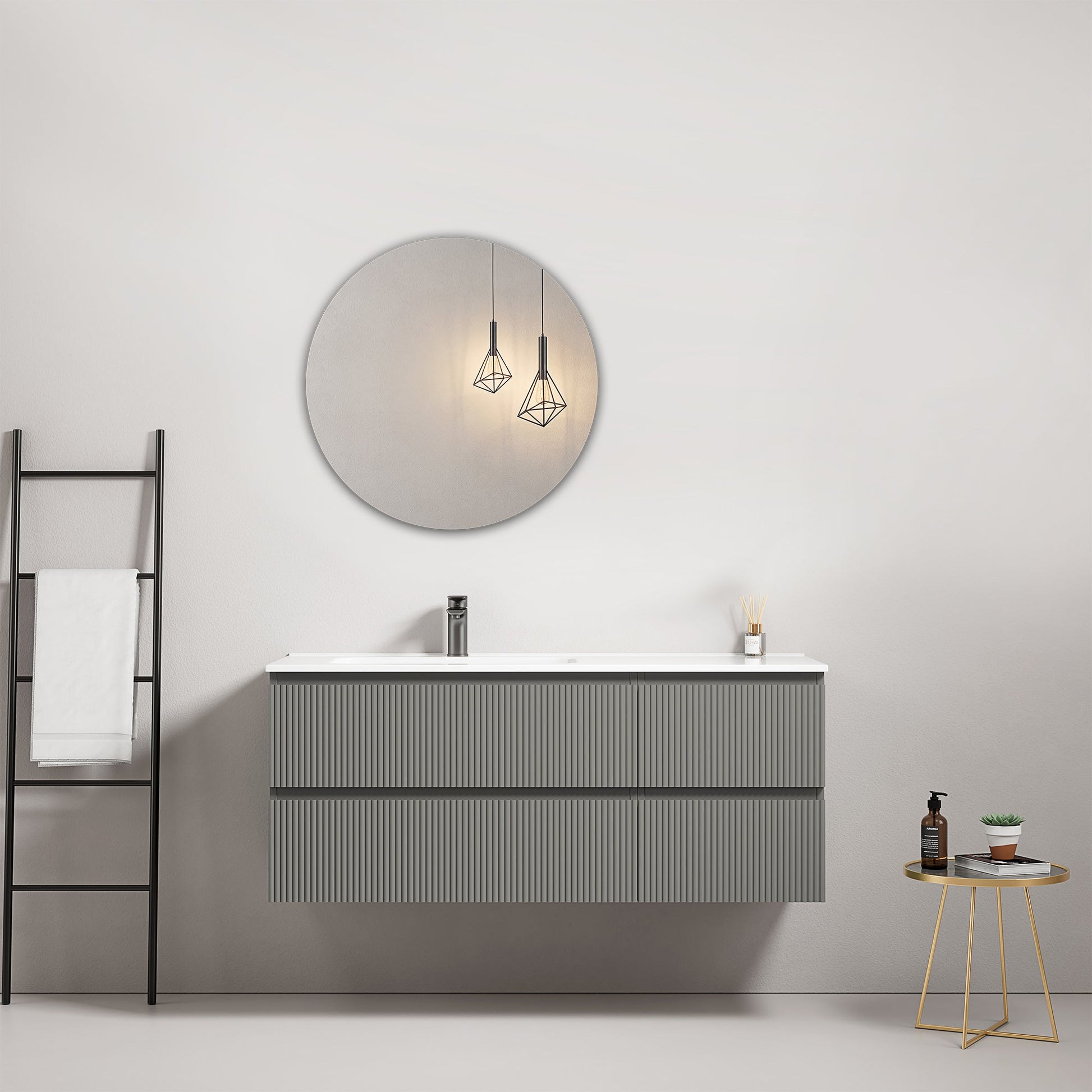 Mobile bagno sospeso cannettato 120 cm Grigio Londra Lavabo a Sinistra in Ceramica Specchio Tondo - Fiji Paint