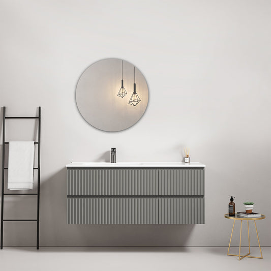 Mobile bagno sospeso cannettato 120 cm Grigio Londra Lavabo a Sinistra in Ceramica Specchio Tondo - Fiji Paint