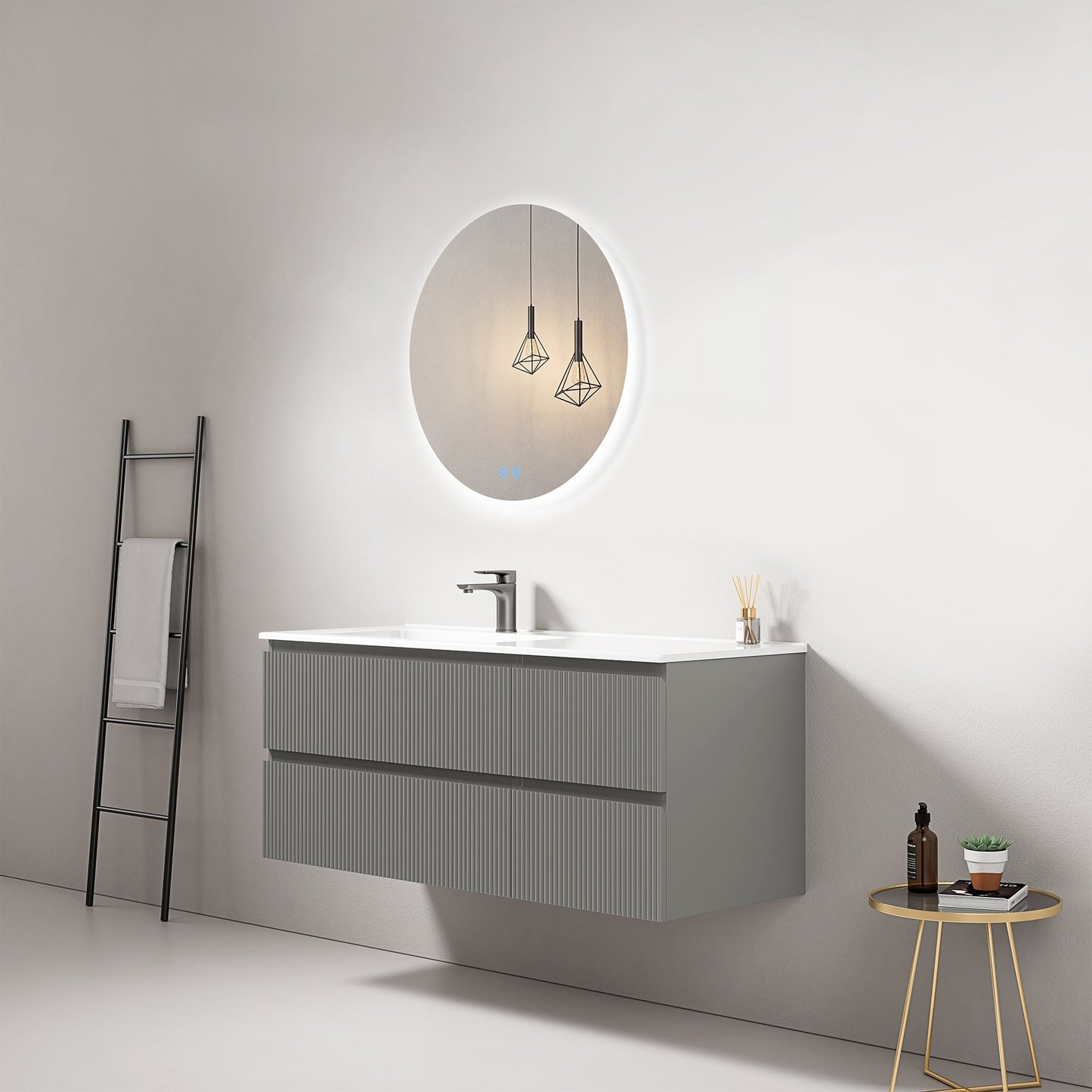 Mobile bagno sospeso cannettato 120 cm Grigio Londra Lavabo a Sinistra in Ceramica Specchio Tondo Retroilluminato - Fiji Paint