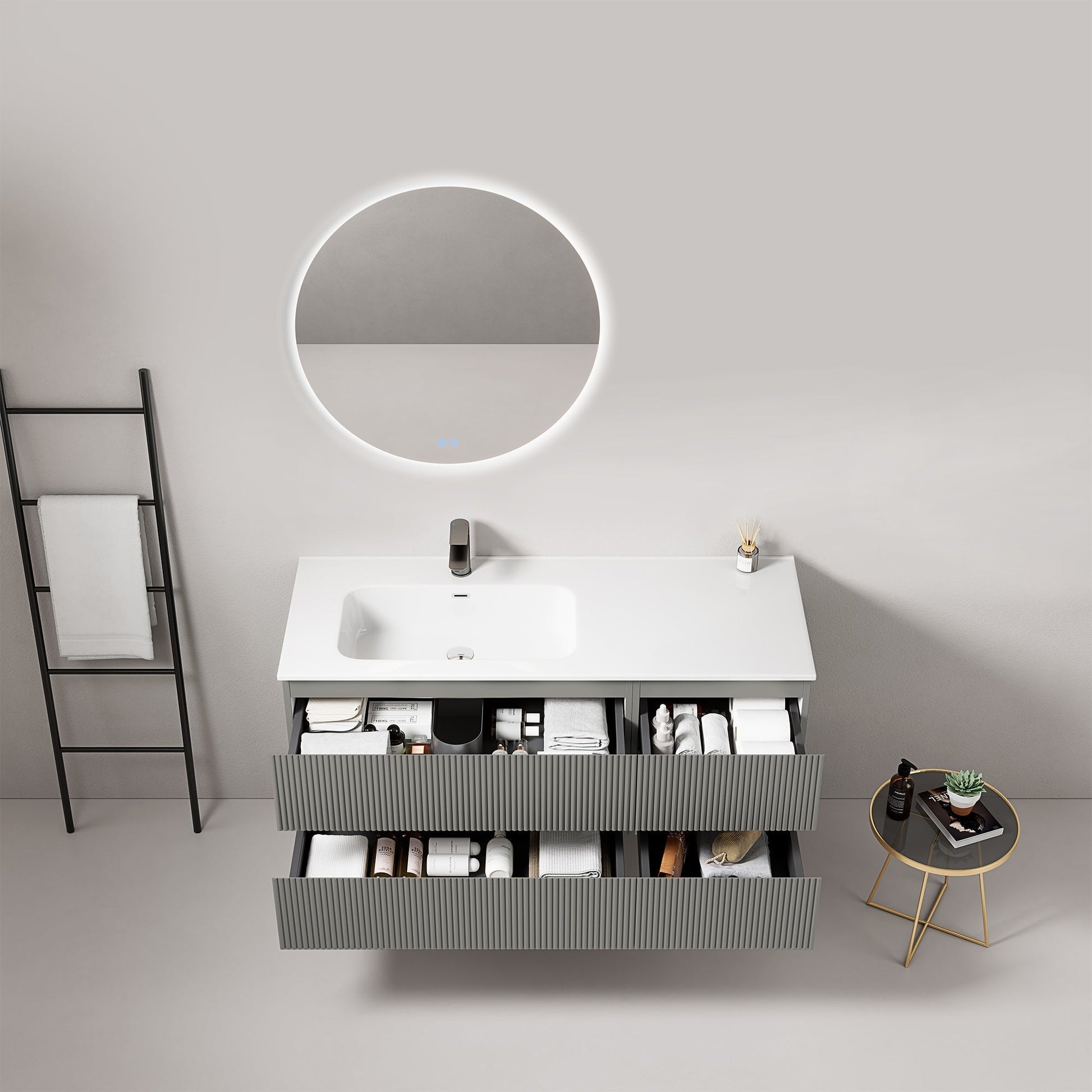Mobile bagno sospeso cannettato 120 cm Grigio Londra Lavabo a Sinistra in Ceramica Specchio Tondo Retroilluminato - Fiji Paint