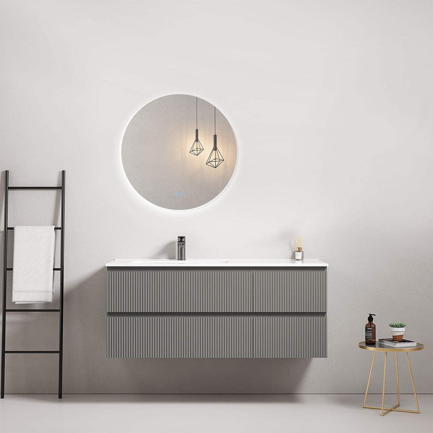 Mobile bagno sospeso cannettato 120 cm Grigio Londra Lavabo a Sinistra in Ceramica Specchio Tondo Retroilluminato - Fiji Paint.