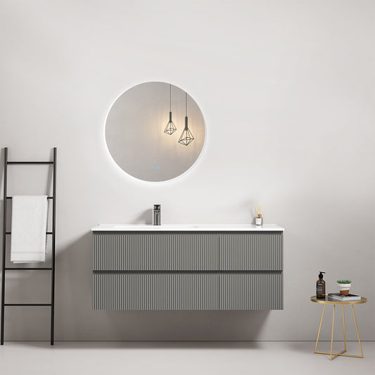 Mobile bagno sospeso cannettato 120 cm Grigio Londra Lavabo a Sinistra in Ceramica Specchio Tondo Retroilluminato - Fiji Paint.