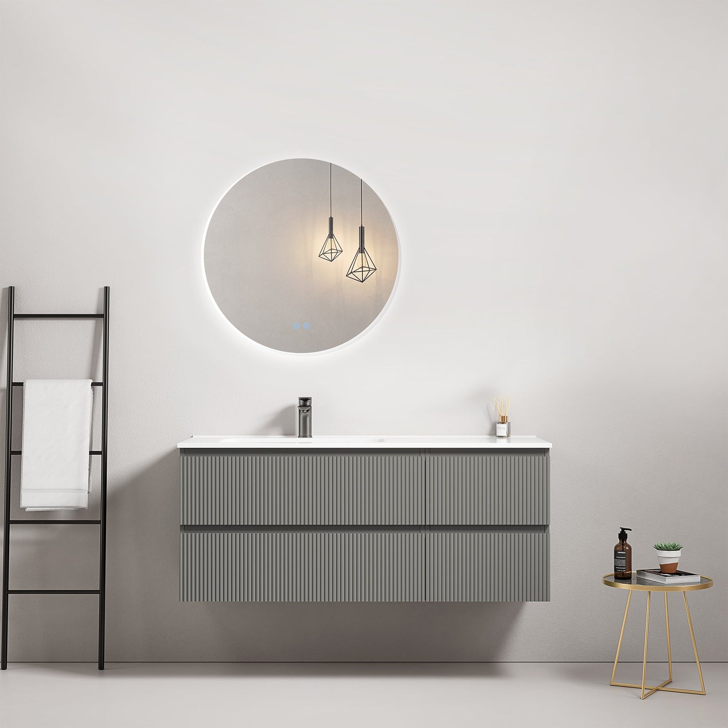 Mobile bagno sospeso cannettato 120 cm Grigio Londra Lavabo a Sinistra in Ceramica Specchio Tondo Retroilluminato - Fiji Paint.