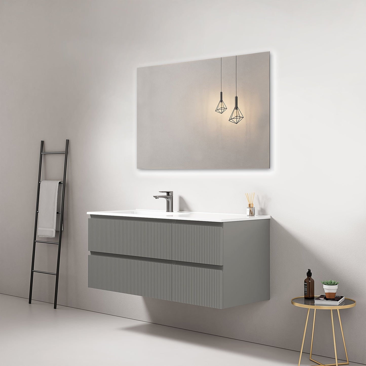 Mobile bagno sospeso cannettato 120 cm Grigio Londra Lavabo a Sinistra in Ceramica Specchio Quadro - Fiji Paint