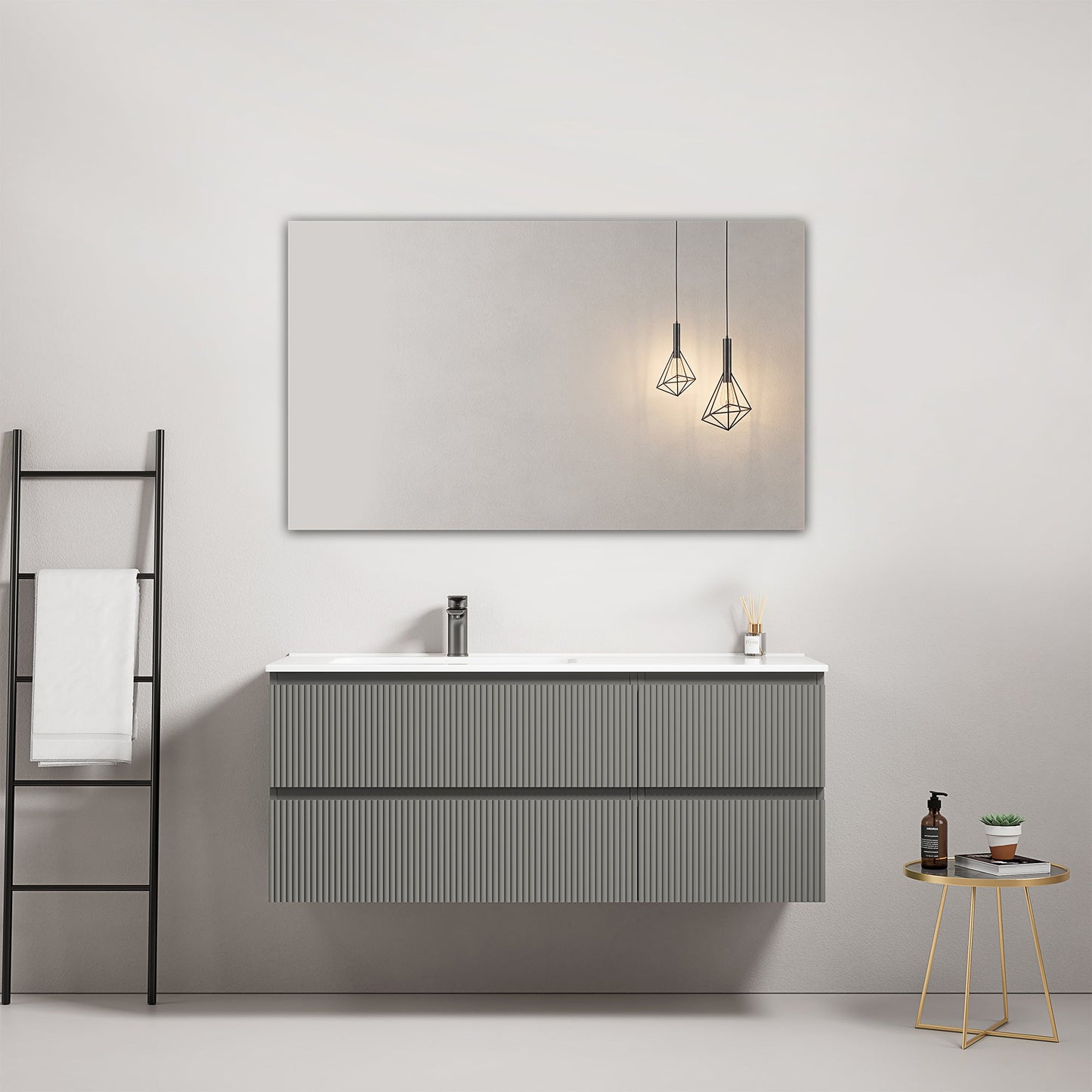 Mobile bagno sospeso cannettato 120 cm Grigio Londra Lavabo a Sinistra in Ceramica Specchio Quadro - Fiji Paint