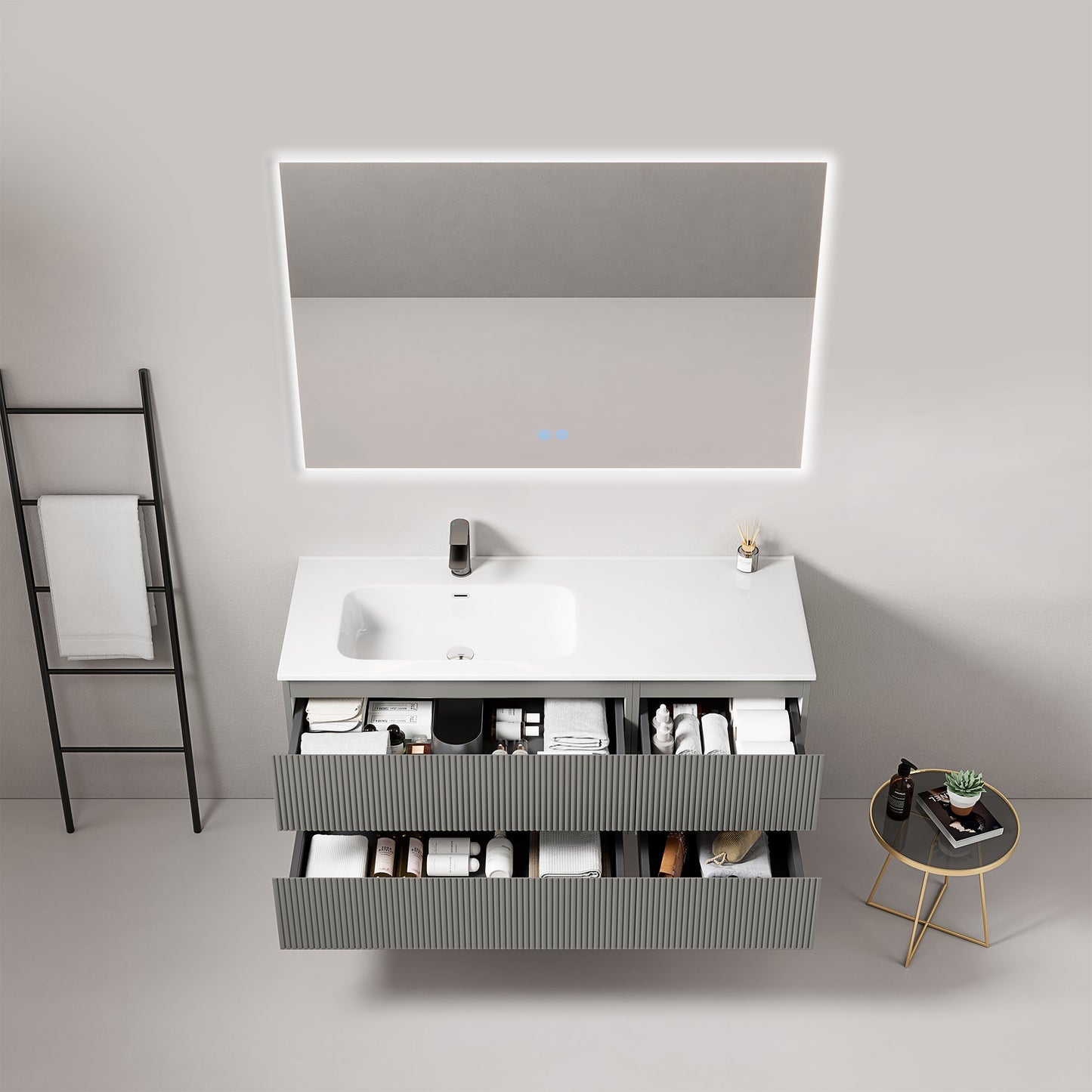 Mobile bagno sospeso cannettato 120 cm Grigio Londra Lavabo a Sinistra in Ceramica Specchio Quadro Retroilluminato - Fiji Paint