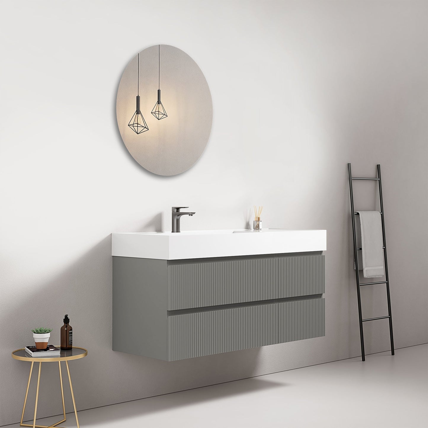 Mobile bagno sospeso cannettato 120 cm Grigio Londra Lavabo a Sinistra in Resina Specchio Tondo - Fiji Paint