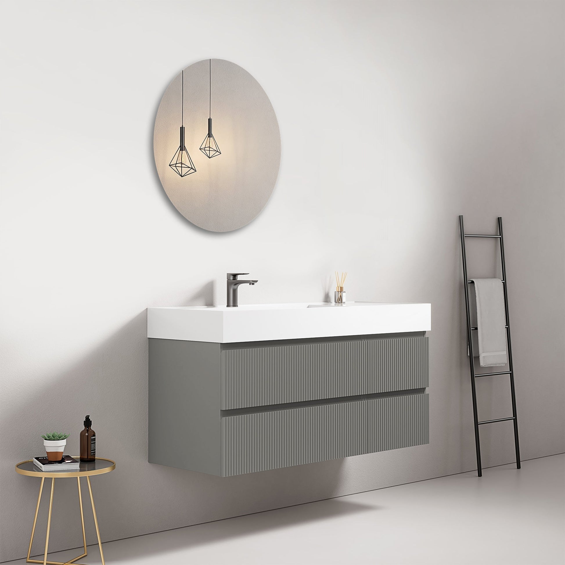 Mobile bagno sospeso cannettato 120 cm Grigio Londra Lavabo a Sinistra in Resina Specchio Tondo - Fiji Paint