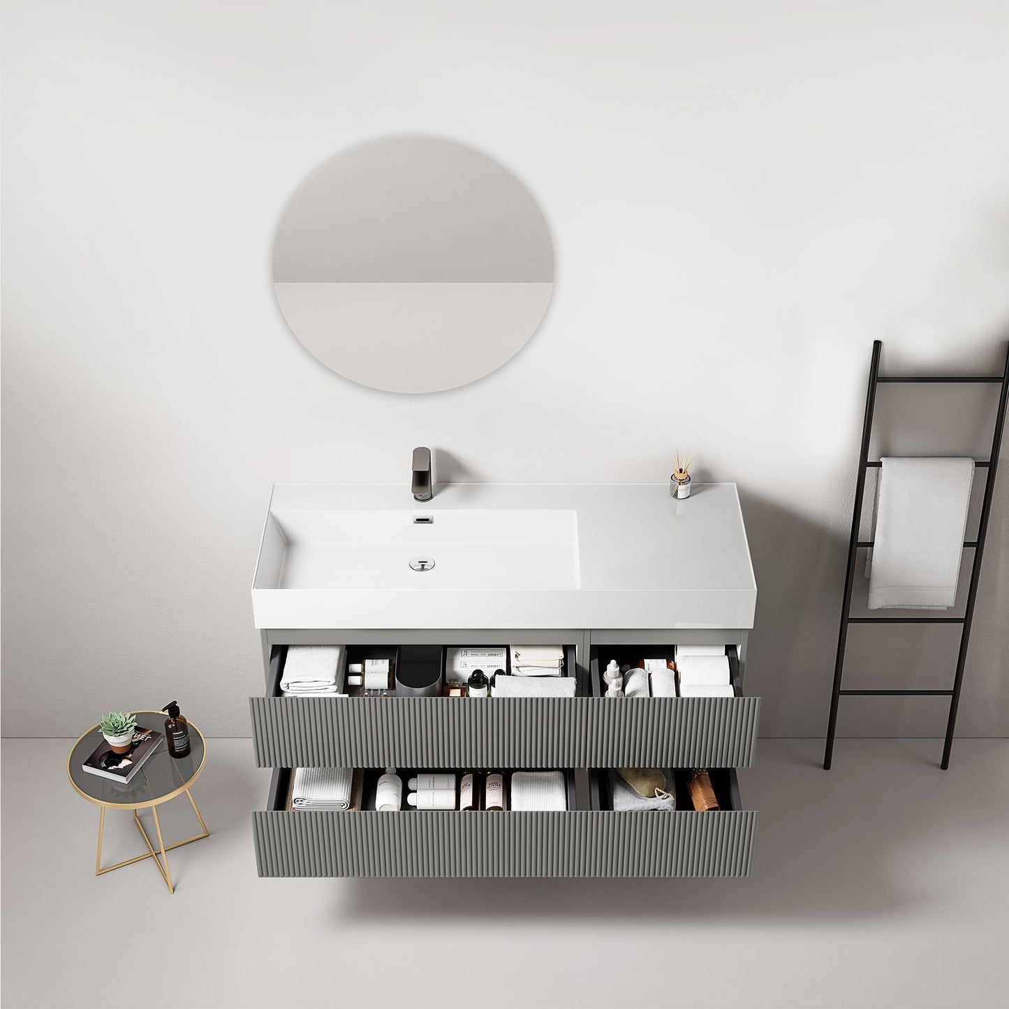 Mobile bagno sospeso cannettato 120 cm Grigio Londra Lavabo a Sinistra in Resina Specchio Tondo - Fiji Paint.