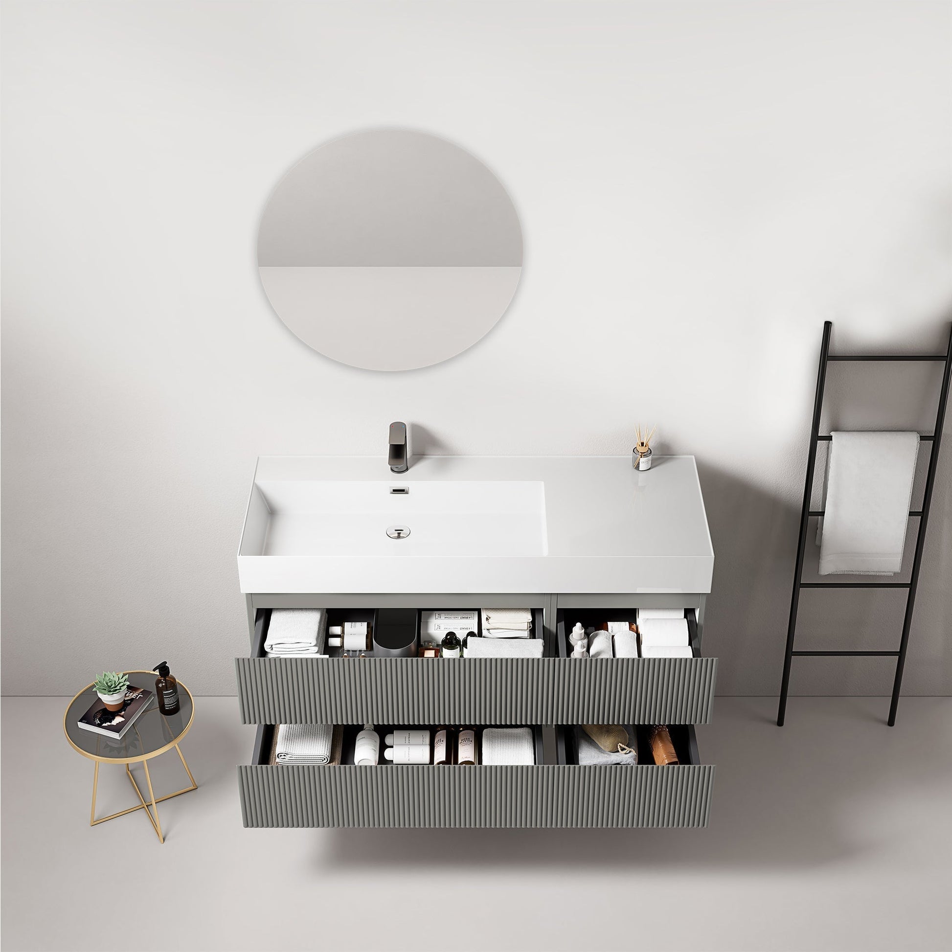 Mobile bagno sospeso cannettato 120 cm Grigio Londra Lavabo a Sinistra in Resina Specchio Tondo - Fiji Paint.