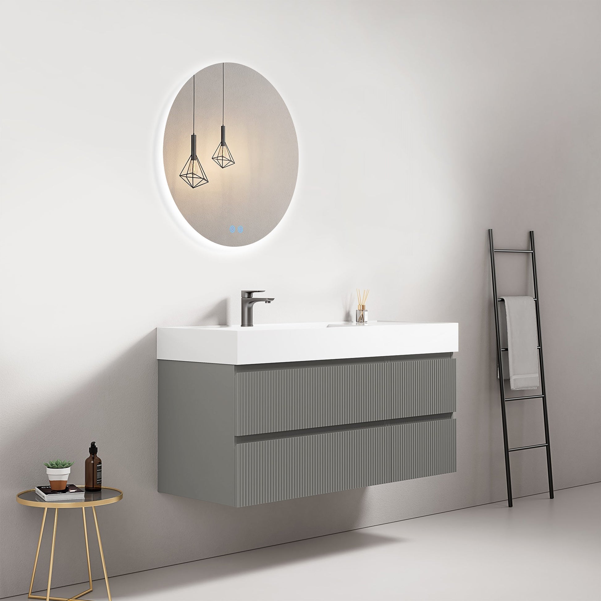 Mobile bagno sospeso cannettato 120 cm Grigio Londra Lavabo a Sinistra in Resina Specchio Tondo Retroilluminato - Fiji Paint