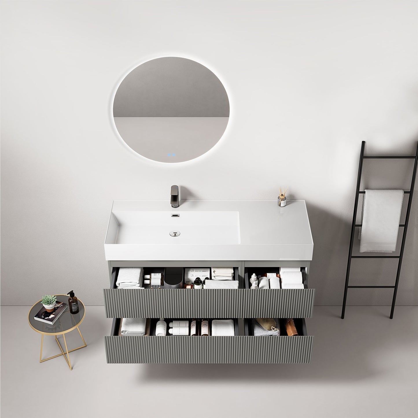 Mobile bagno sospeso cannettato 120 cm Grigio Londra Lavabo a Sinistra in Resina Specchio Tondo Retroilluminato - Fiji Paint.