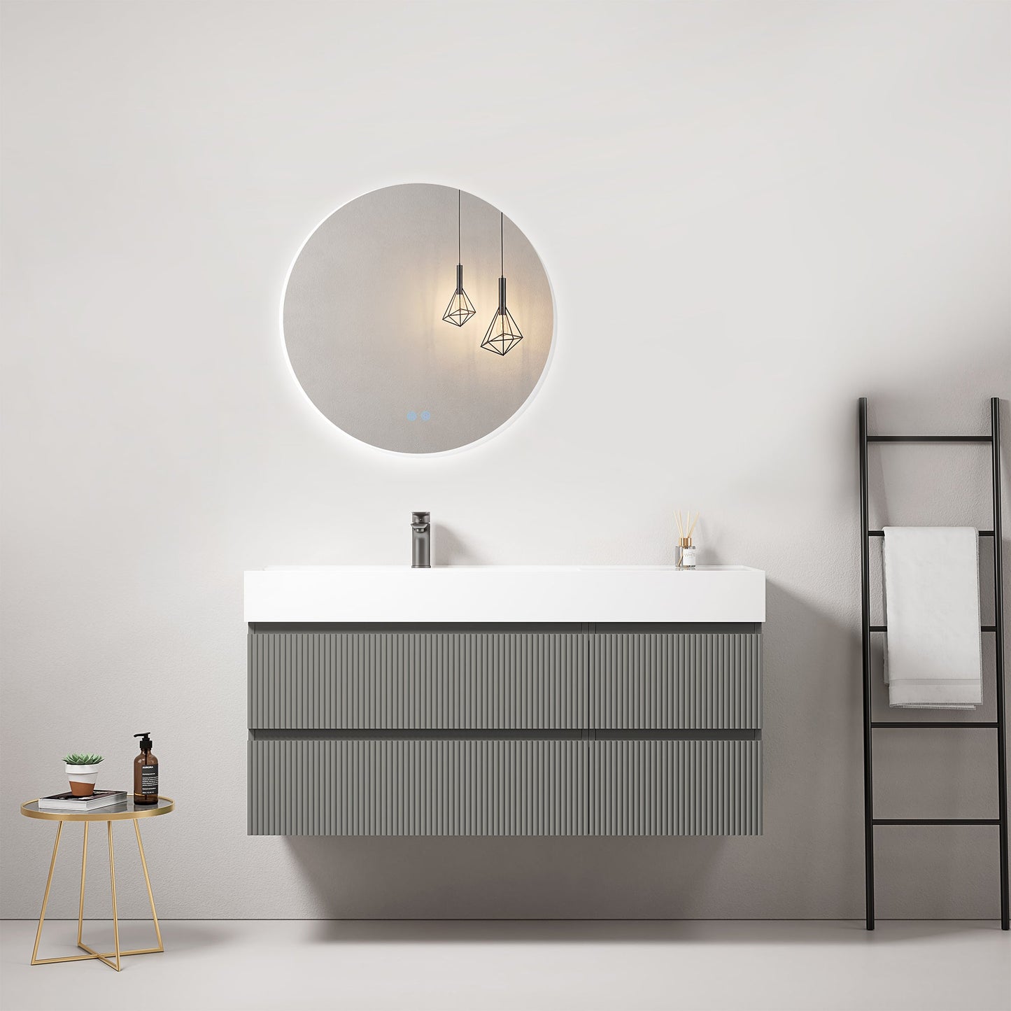 Mobile bagno sospeso cannettato 120 cm Grigio Londra Lavabo a Sinistra in Resina Specchio Tondo Retroilluminato - Fiji Paint