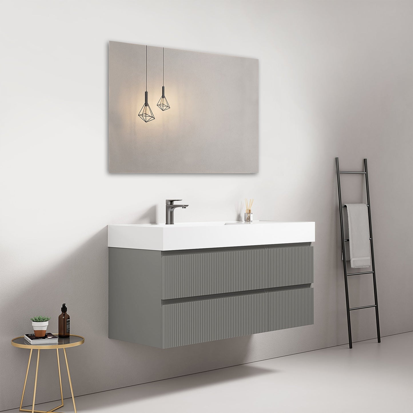 Mobile bagno sospeso cannettato 120 cm Grigio Londra Lavabo a Sinistra in Resina Specchio Quadro - Fiji Paint