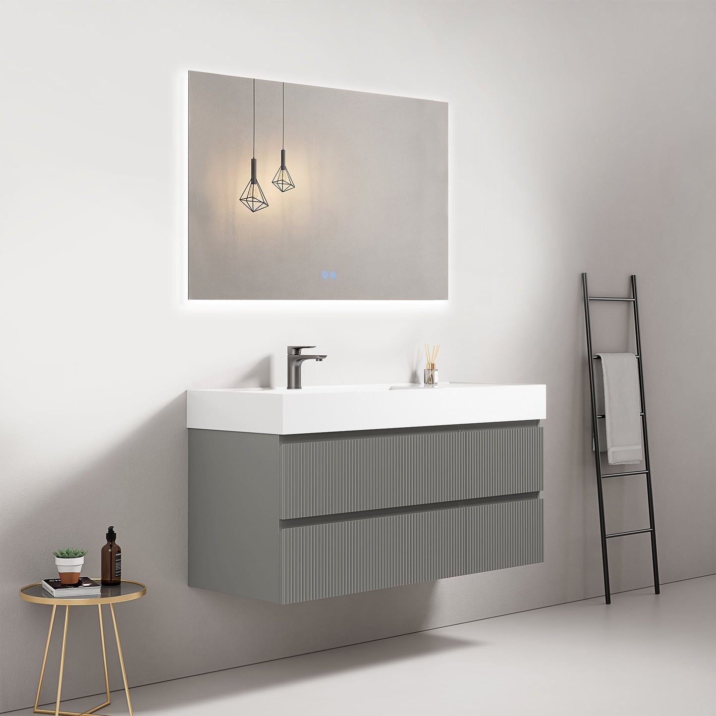 Mobile bagno sospeso cannettato 120 cm Grigio Londra Lavabo a Sinistra in Resina Specchio Quadro Retroilluminato - Fiji Paint