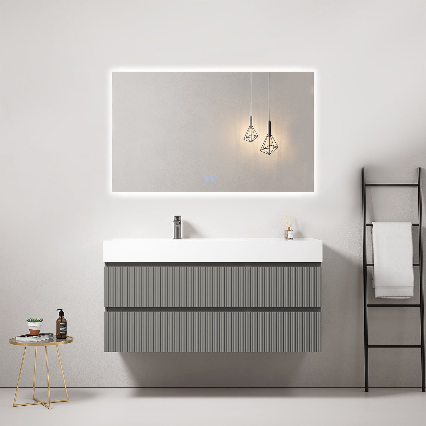 Mobile bagno sospeso cannettato 120 cm Grigio Londra Lavabo a Sinistra in Resina Specchio Quadro Retroilluminato - Fiji Paint