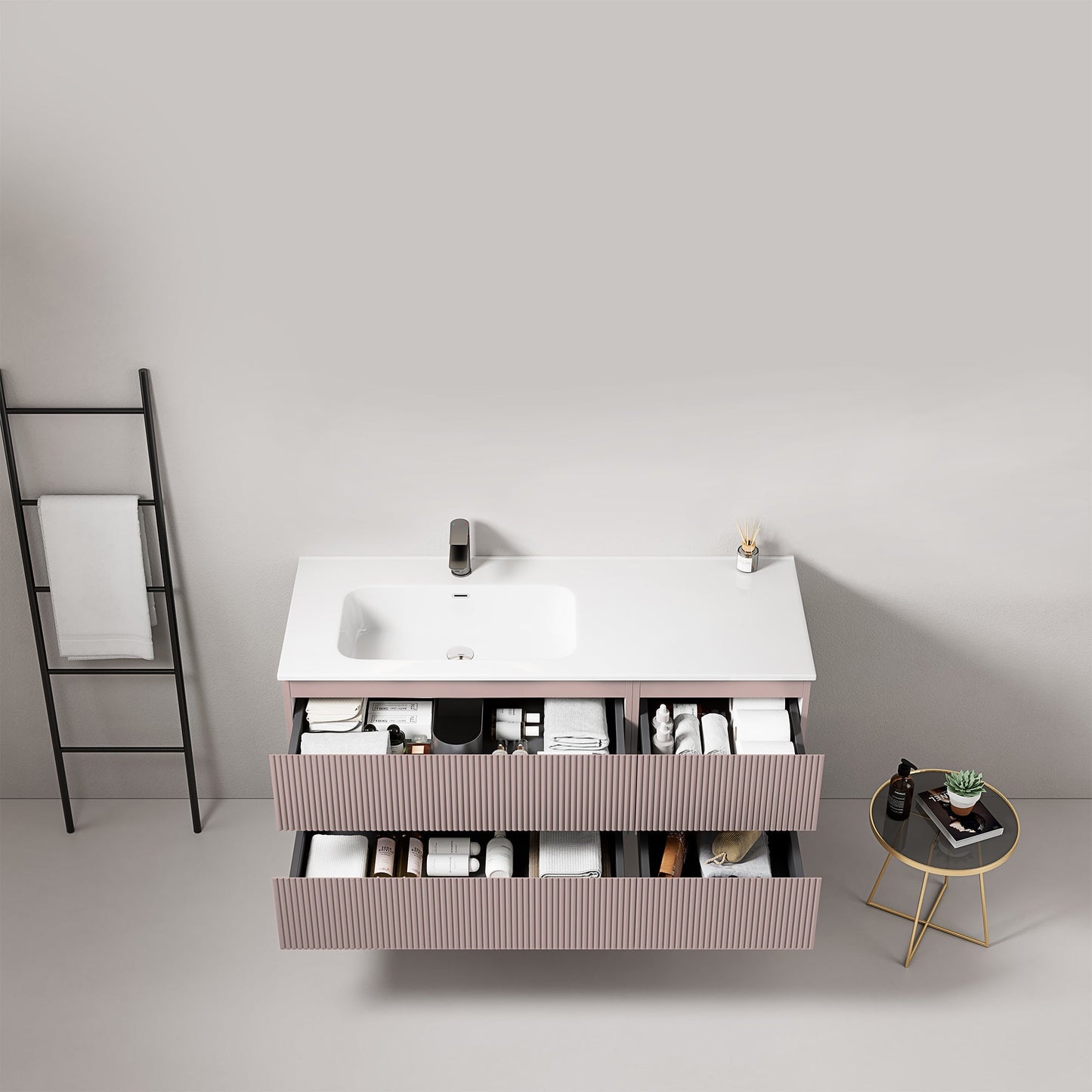Mobile bagno sospeso cannettato 120 cm Rosa Retro Lavabo a Sinistra in Ceramica Senza Specchio - Fiji Paint