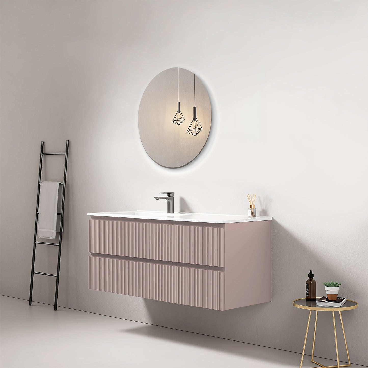 Mobile bagno sospeso cannettato 120 cm Rosa Retro Lavabo a Sinistra in Ceramica Specchio Tondo - Fiji Paint.