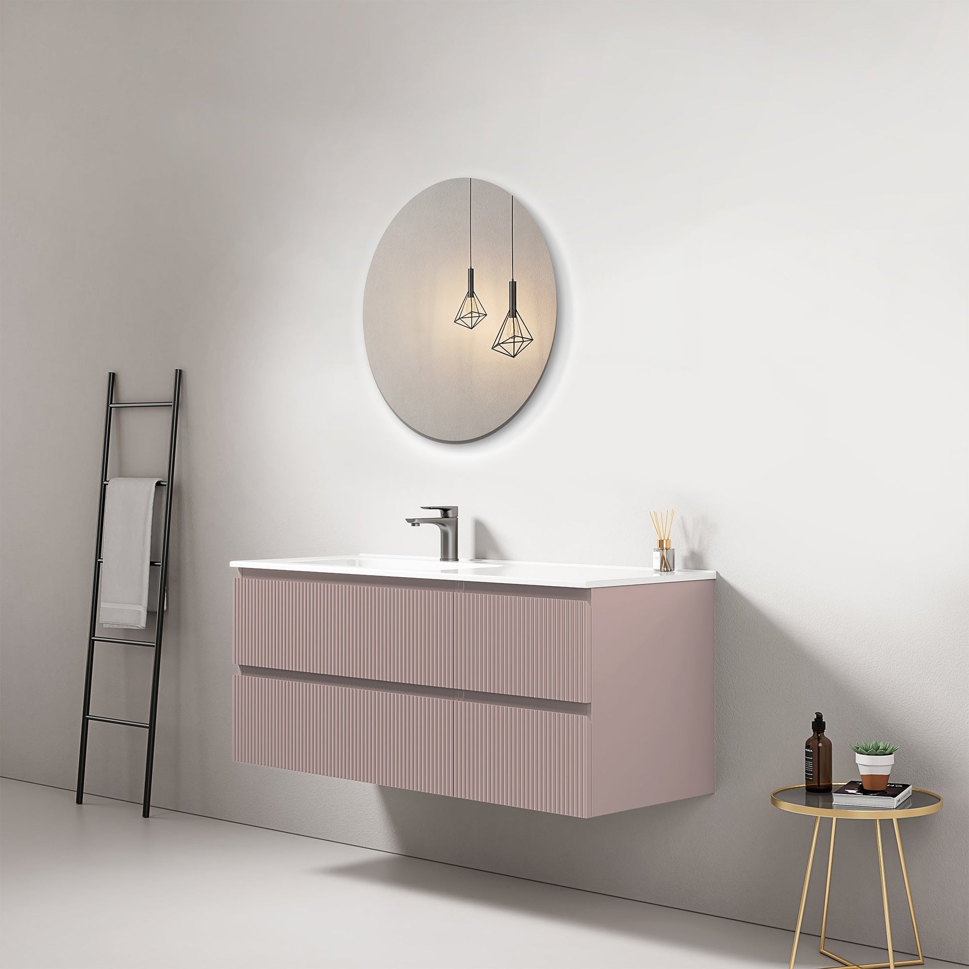 Mobile bagno sospeso cannettato 120 cm Rosa Retro Lavabo a Sinistra in Ceramica Specchio Tondo - Fiji Paint.