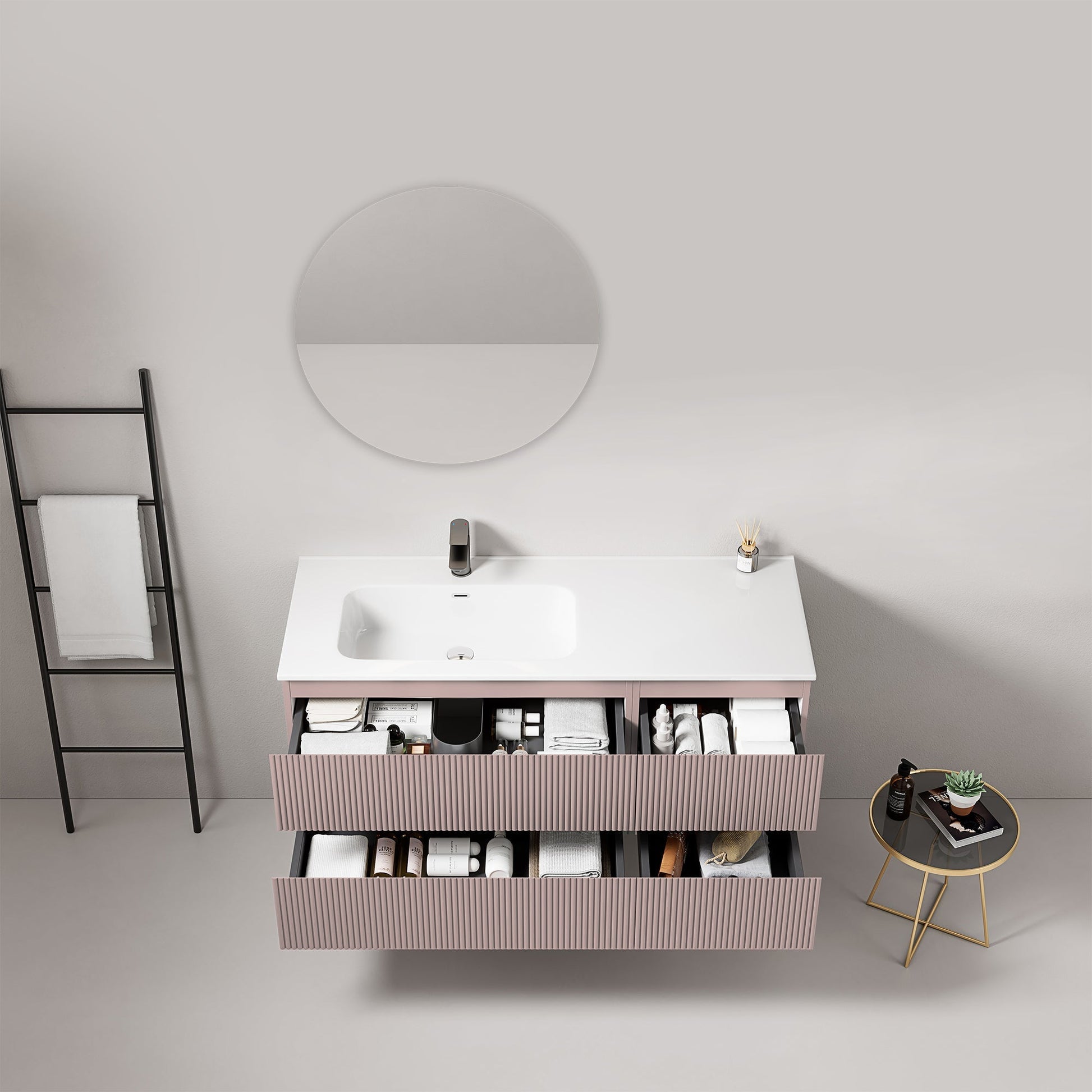 Mobile bagno sospeso cannettato 120 cm Rosa Retro Lavabo a Sinistra in Ceramica Specchio Tondo - Fiji Paint con arredamento moderno.