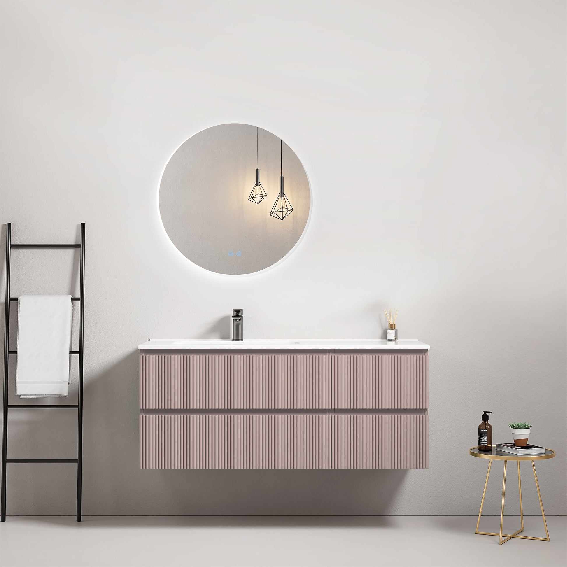 Mobile bagno sospeso cannettato 120 cm Rosa Retro Lavabo a Sinistra in Ceramica Specchio Tondo Retroilluminato - Fiji Paint