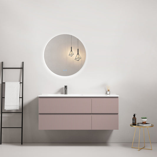 Mobile bagno sospeso cannettato 120 cm Rosa Retro Lavabo a Sinistra in Ceramica Specchio Tondo Retroilluminato - Fiji Paint