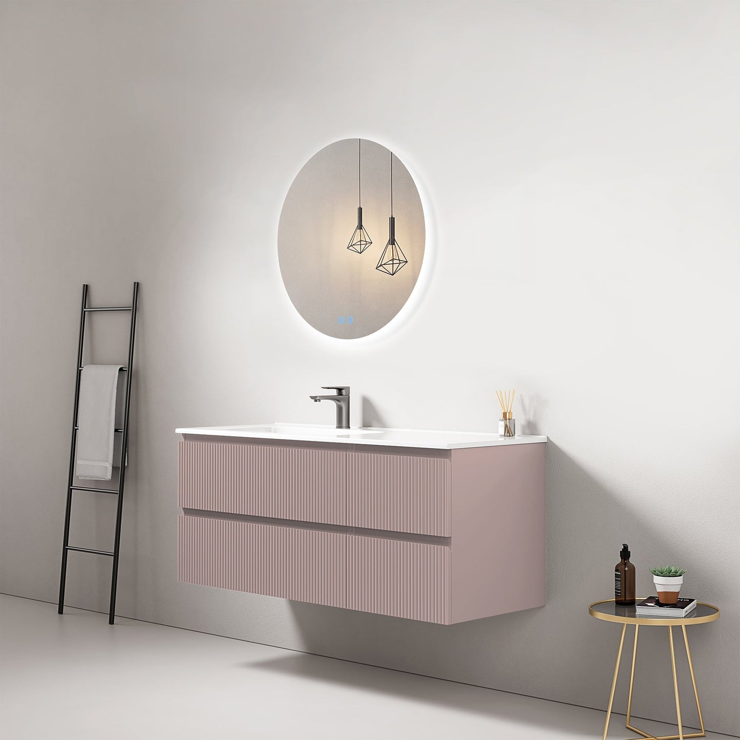 Mobile bagno sospeso cannettato 120 cm Rosa Retro Lavabo a Sinistra in Ceramica Specchio Tondo Retroilluminato - Fiji Paint