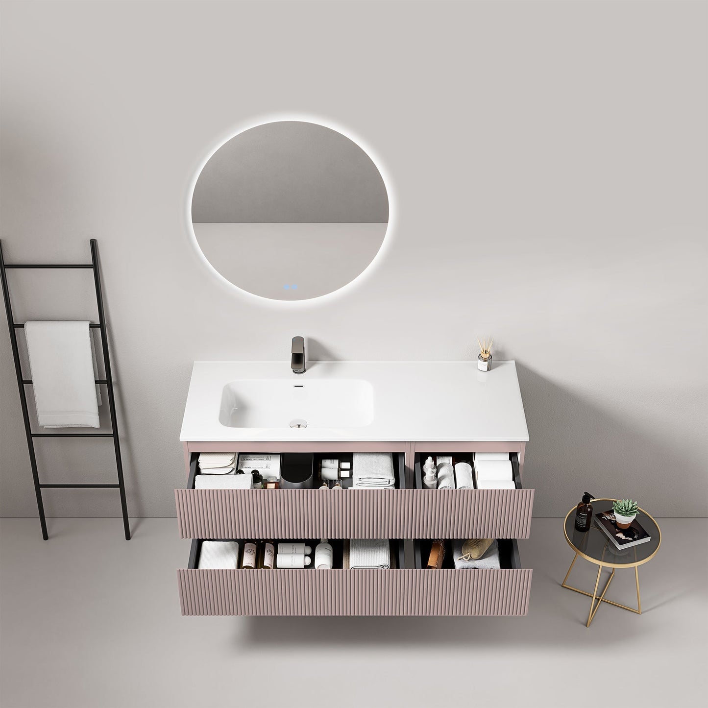 Mobile bagno sospeso cannettato 120 cm Rosa Retro Lavabo a Sinistra in Ceramica Specchio Tondo Retroilluminato - Fiji Paint.