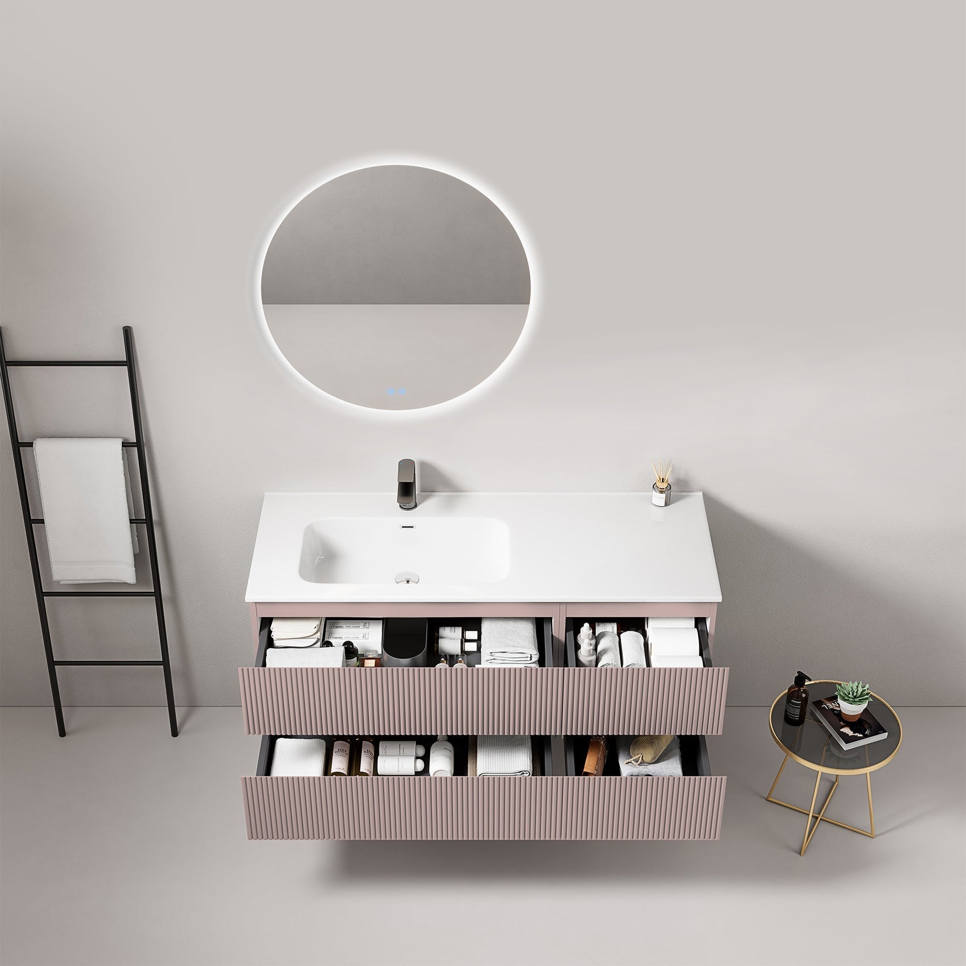 Mobile bagno sospeso cannettato 120 cm Rosa Retro Lavabo a Sinistra in Ceramica Specchio Tondo Retroilluminato - Fiji Paint.