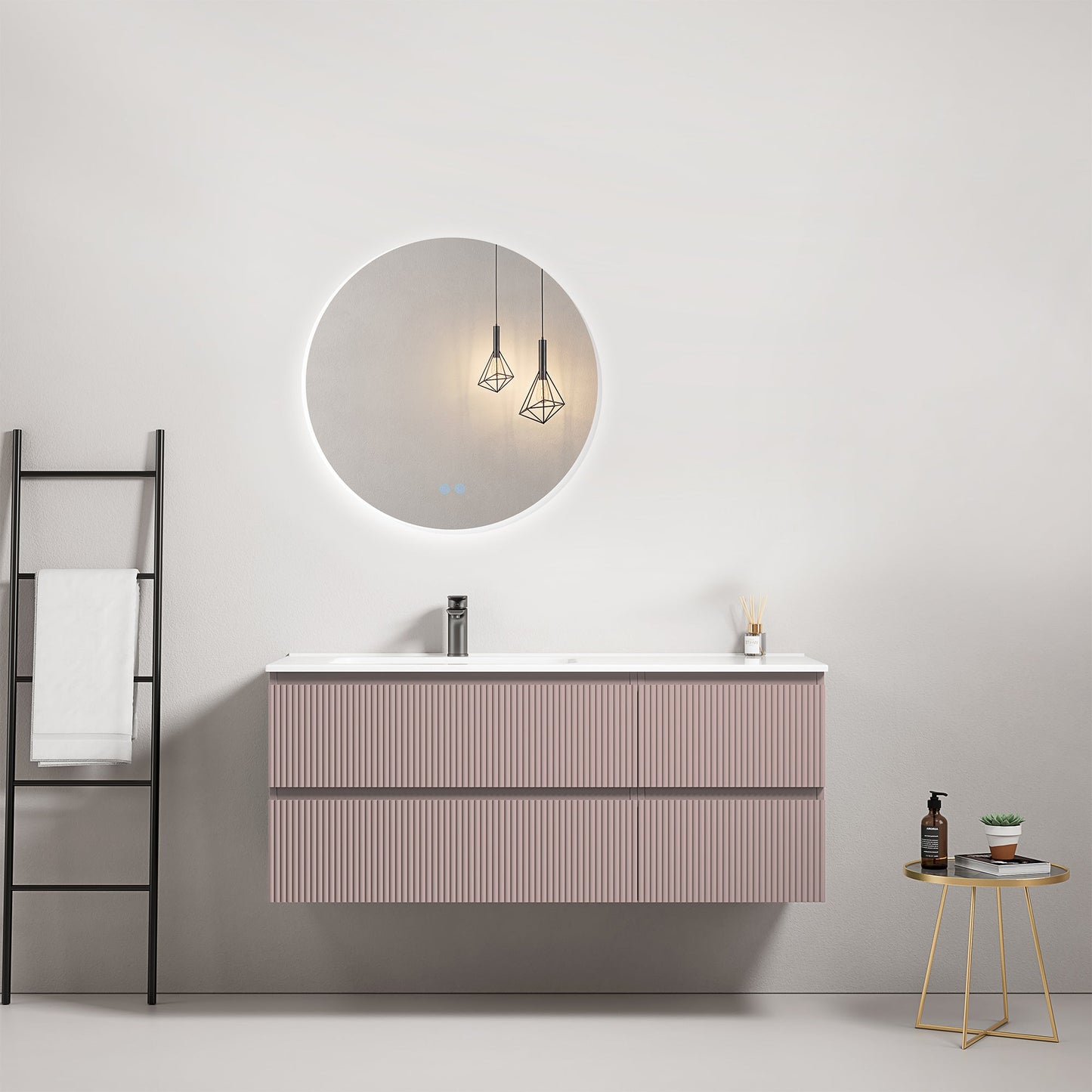 Mobile bagno sospeso cannettato 120 cm Rosa Retro Lavabo a Sinistra in Ceramica Specchio Tondo Retroilluminato - Fiji Paint