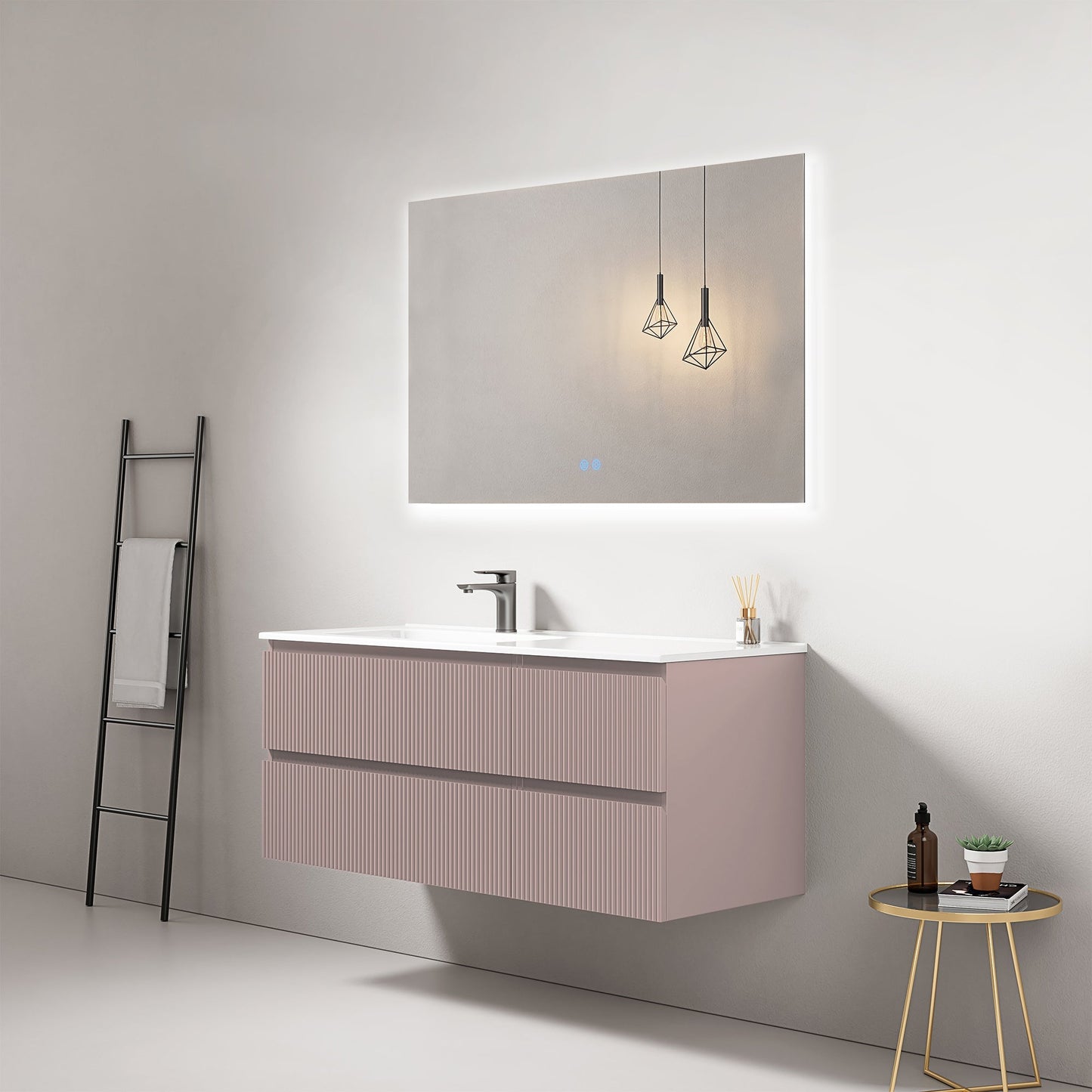 Mobile bagno sospeso cannettato 120 cm Rosa Retro Lavabo a Sinistra in Ceramica Specchio Quadro Retroilluminato - Fiji Paint