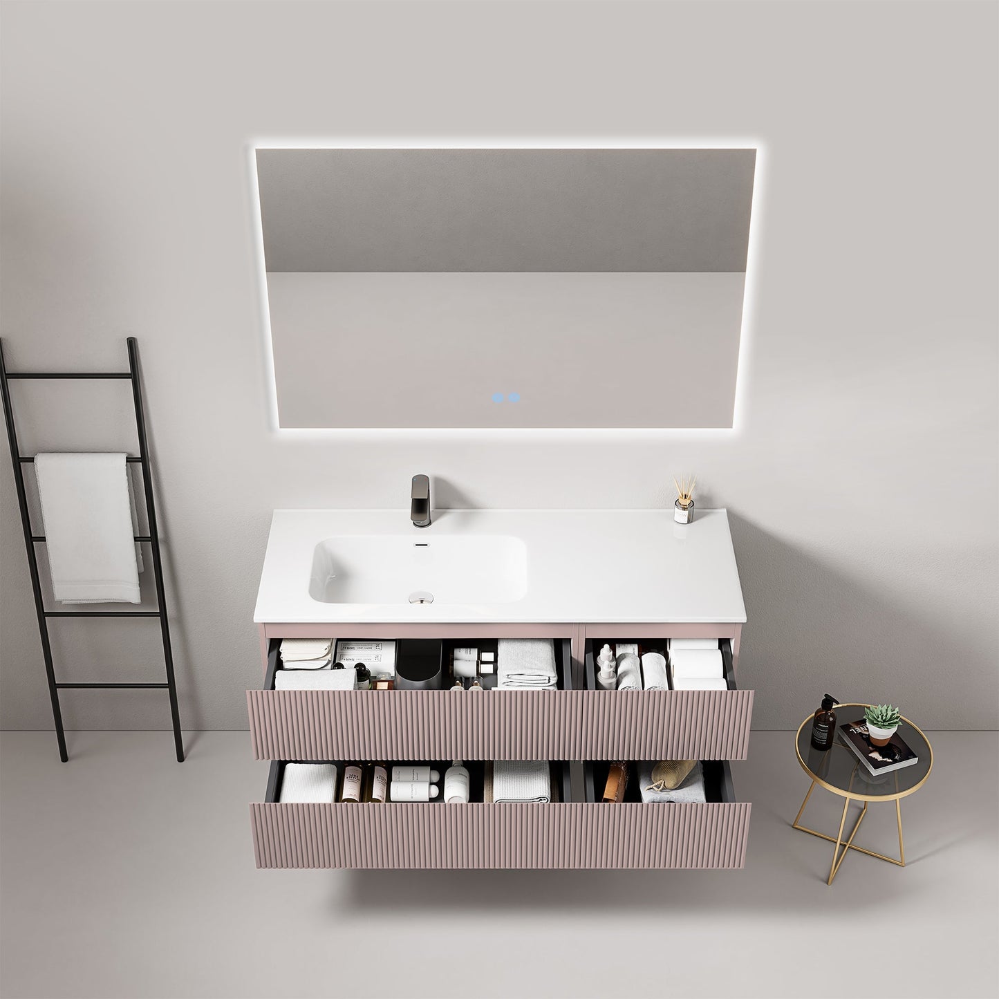 Mobile bagno sospeso cannettato 120 cm Rosa Retro Lavabo a Sinistra in Ceramica Specchio Quadro Retroilluminato - Fiji Paint