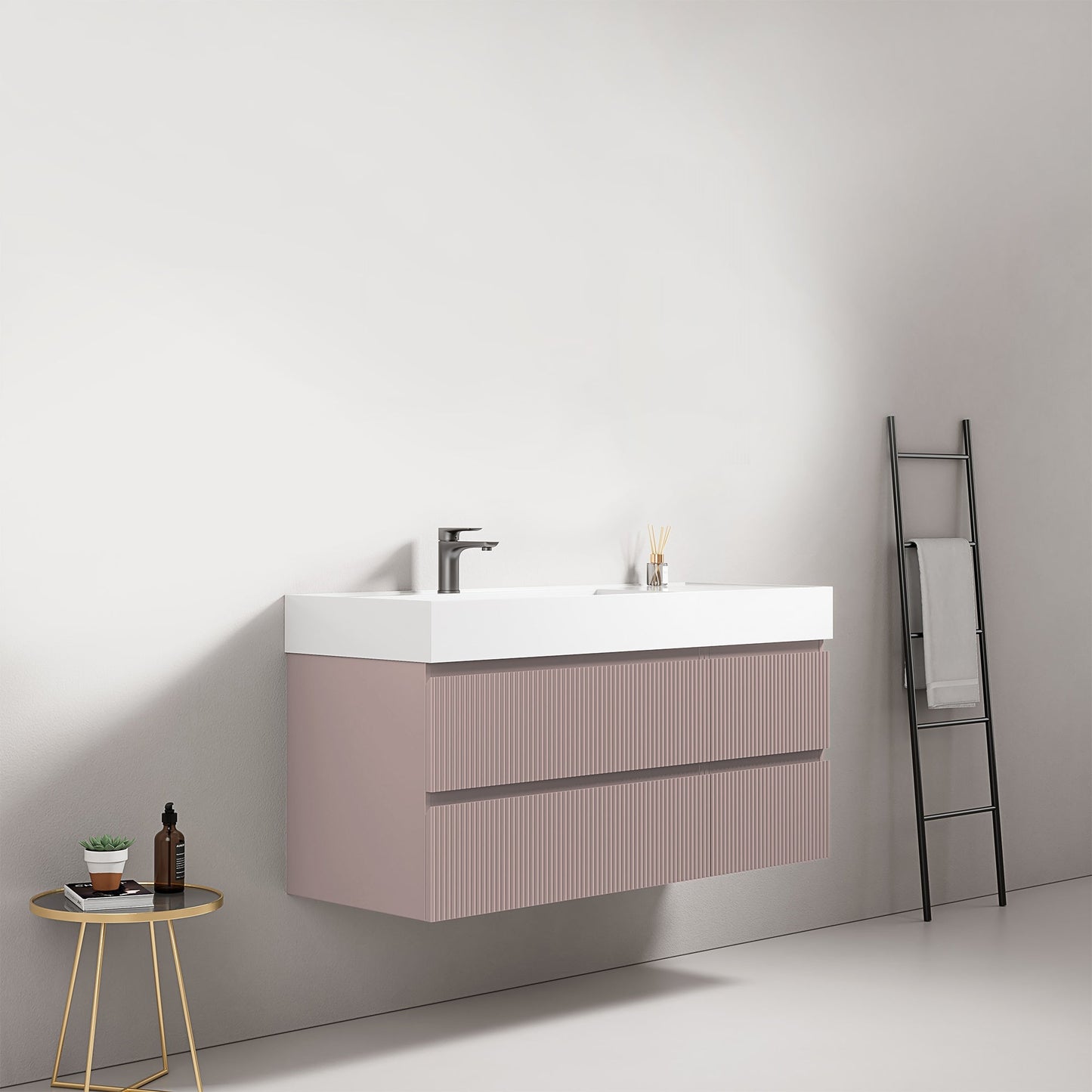 Mobile bagno sospeso cannettato 120 cm Rosa Retro Lavabo a Sinistra in Resina Senza Specchio - Fiji Paint