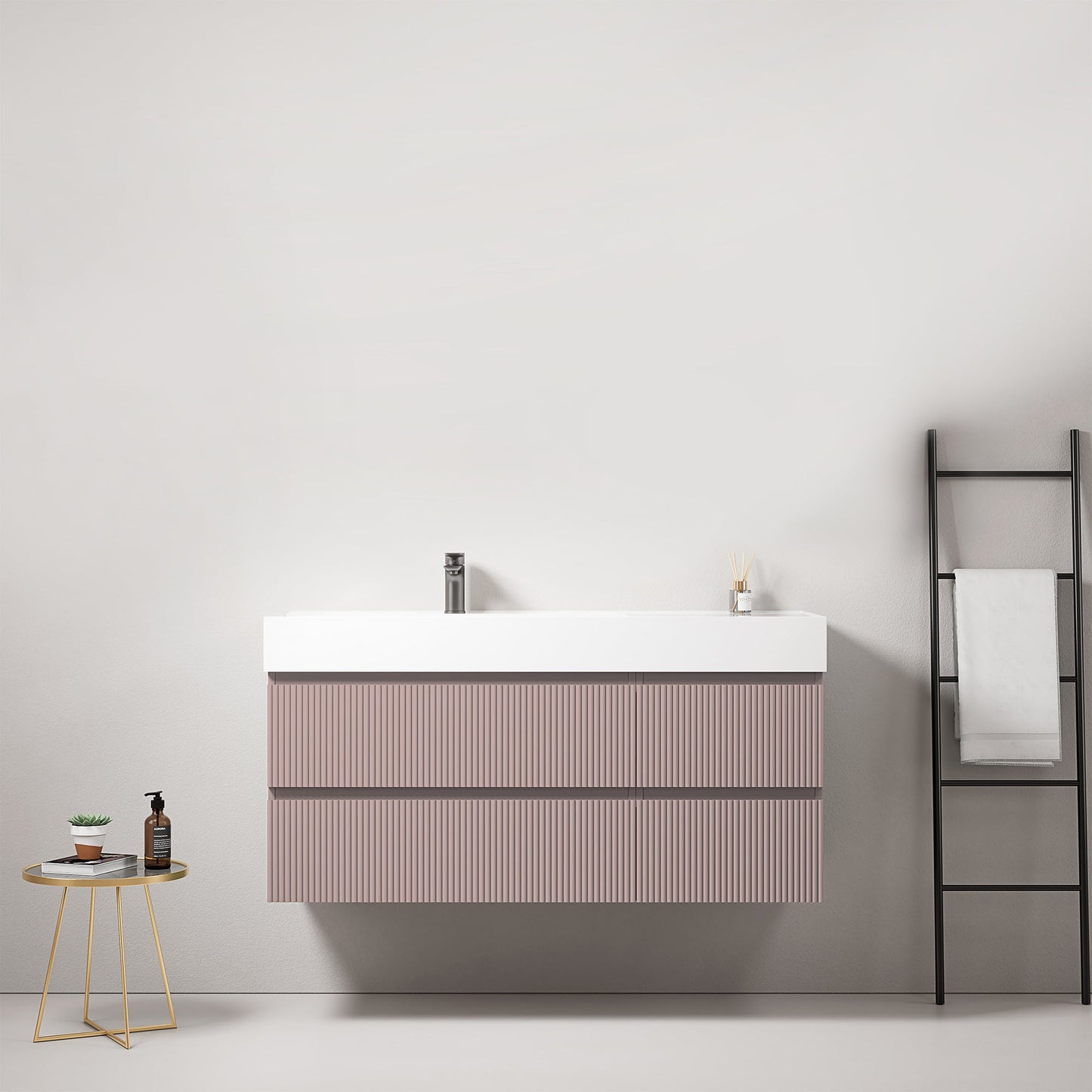 Mobile bagno sospeso cannettato 120 cm Rosa Retro Lavabo a Sinistra in Resina Senza Specchio - Fiji Paint
