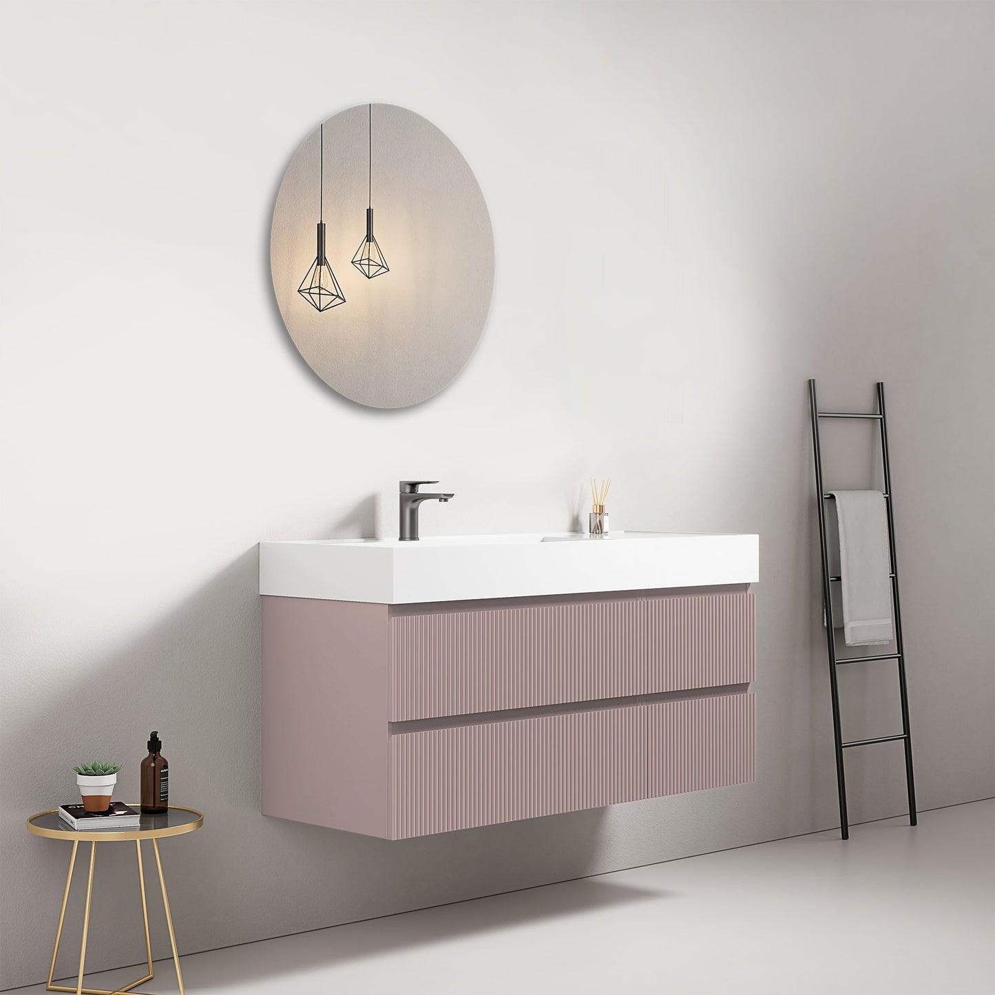 Mobile bagno sospeso cannettato 120 cm Rosa Retro Lavabo a Sinistra in Resina Specchio Tondo - Fiji Paint