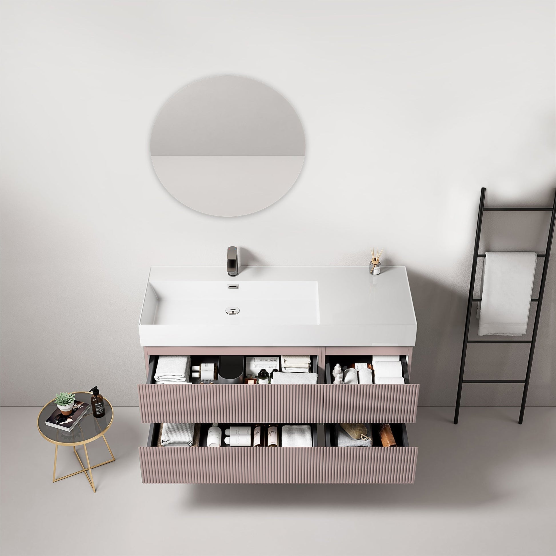 Mobile bagno sospeso cannettato 120 cm Rosa Retro Lavabo a Sinistra in Resina Specchio Tondo - Fiji Paint